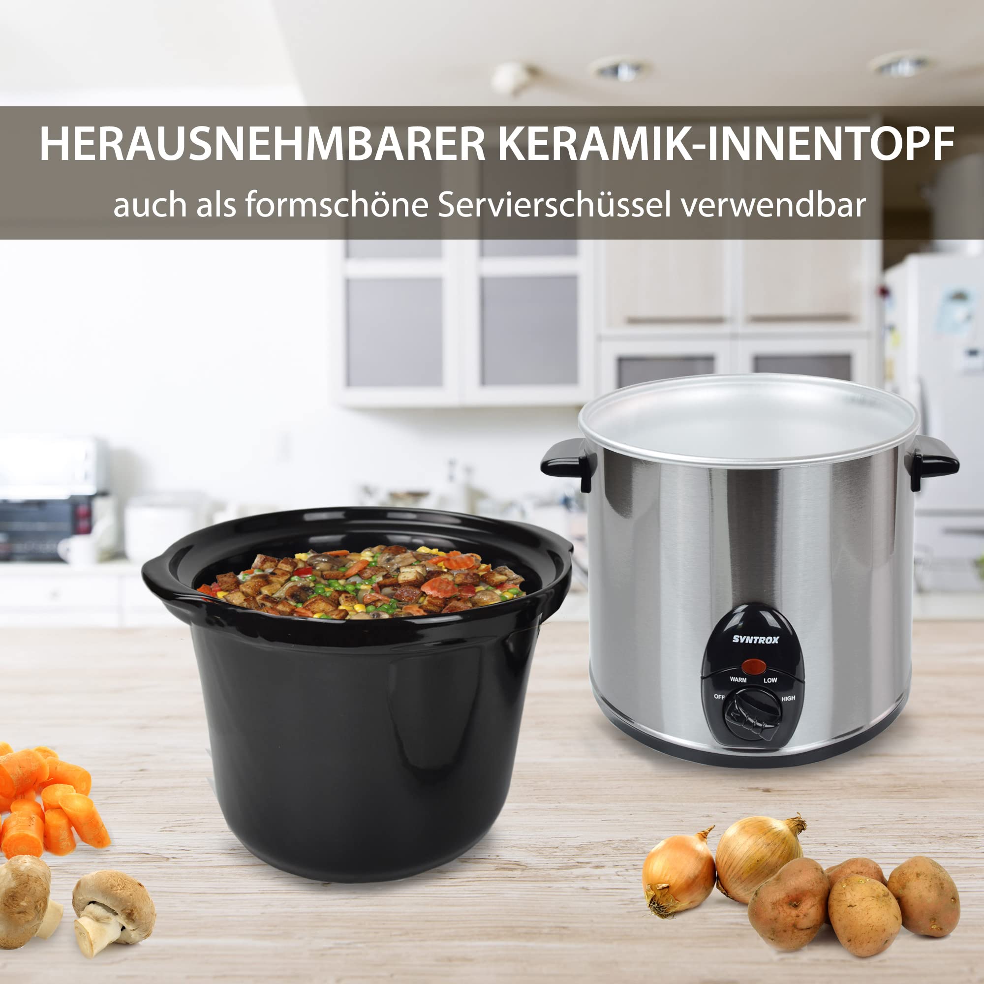 Syntrox Germany Slow Cooker Schongarer 3 Liter mit Warmhaltefunktion, Glasdeckel und robuster Keramikschüssel 200 Watt