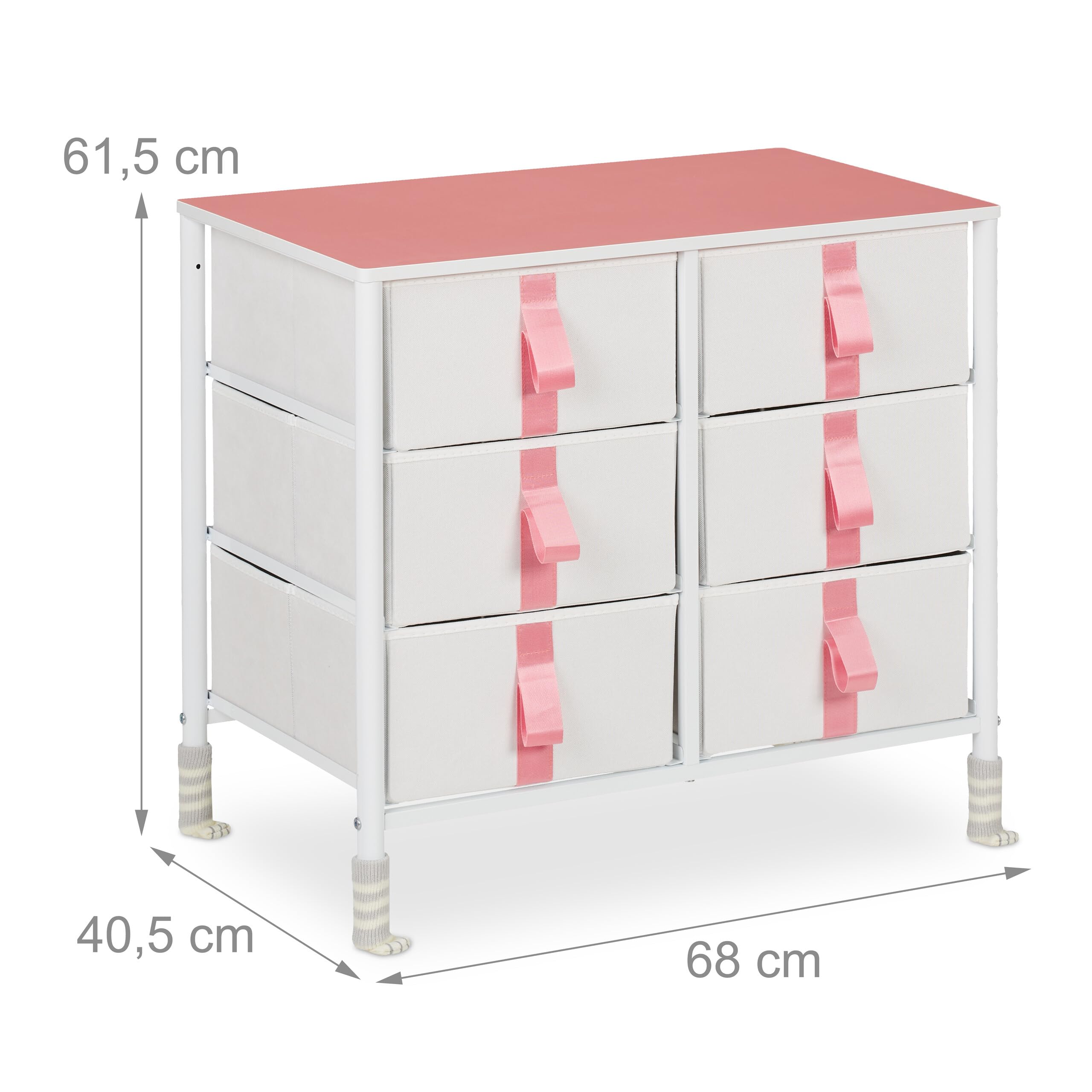 Relaxdays Kommode, Kinder, 6 Stoffschubladen, HxBxT: 61,5 x 68 x 40,5 cm, Schubladenschrank mit Metallgestell, weiß/rosa