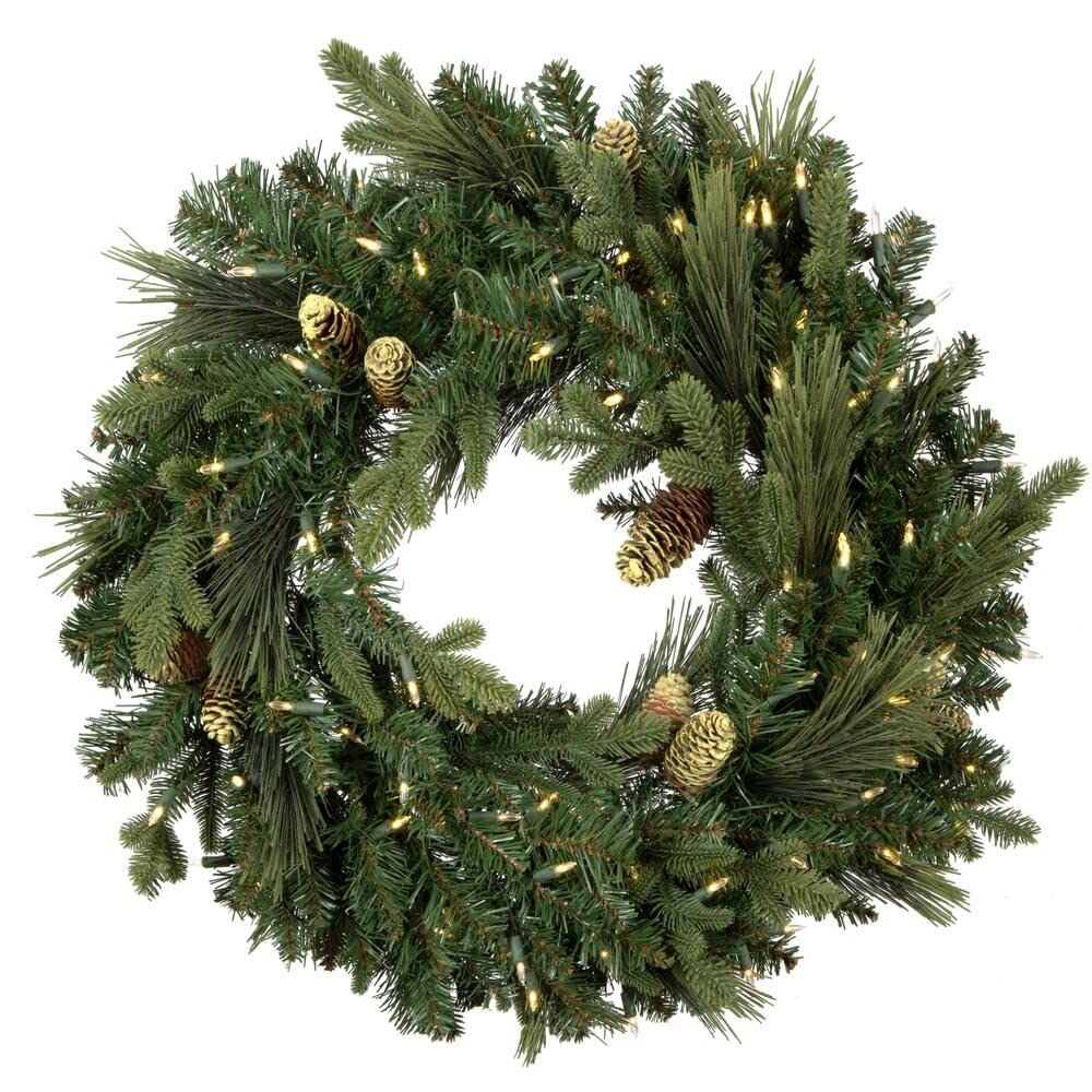 Vickerman 24" Emerald Mixed Fir Artificial Christmas Wreath - Dura-Lit® LED Warm White Mini Lights - Festive and Unique Wreath - Prelit Wreath for Door or Mantle