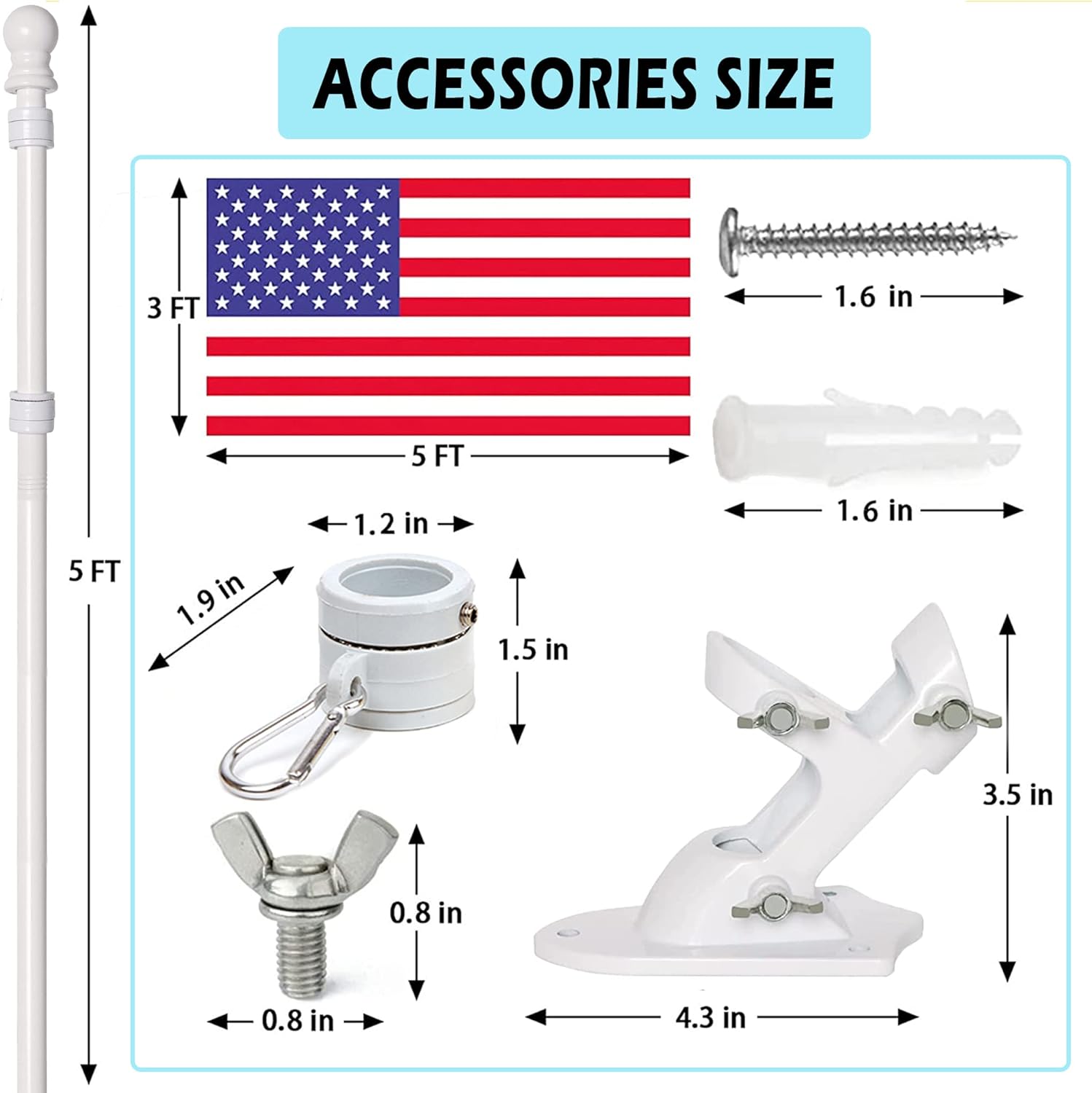 AMOSSO 5FT House Flag Pole Kit, Extra Thick Tangle Free Spinning Metal Outdoor Flagpole with Built-in Ball Bearing Rings, Aluminum Bracket,3x5 American Flag, for Porch Residential & Commerical, White