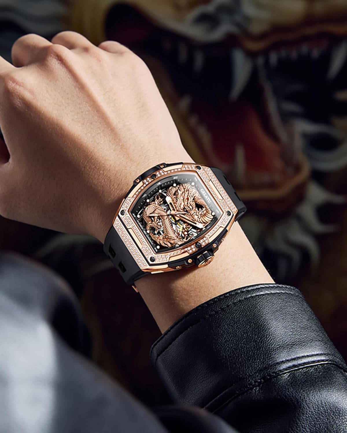 OLEVS Dragon Skeleton Mens Automatic Watch 42MM Large Dial Gold Luxury Self-Winding Diamond Waterproof Stainless Steel Business Tourbillon Mechanical Watches