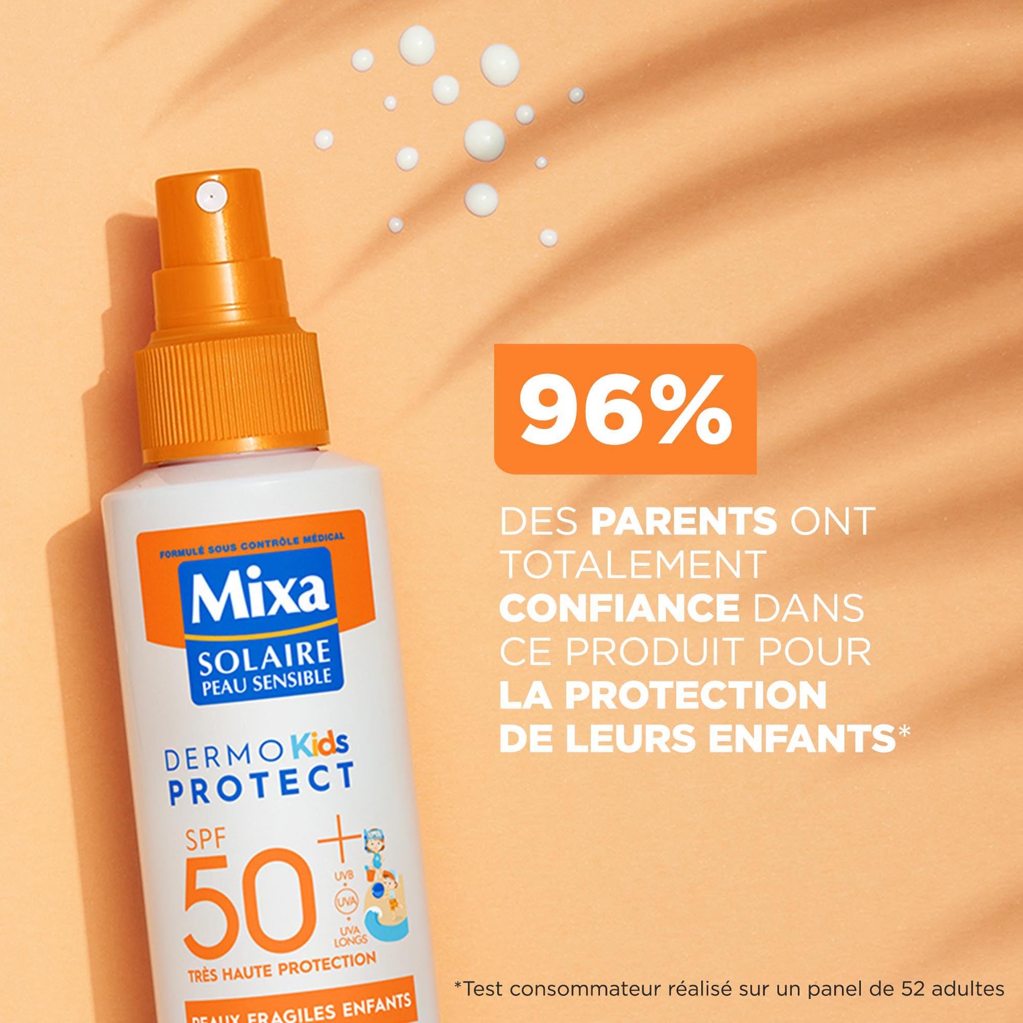 Mixa Solaire Peau Sensible - Spray Solaire Très Haute Protection SPF50+ UVA, UVA longs, UVB - Peaux Fragiles Enfants - Résistant à l'Eau - Anti-sable - Hypoallergénique, Sans Parfum - 150ml