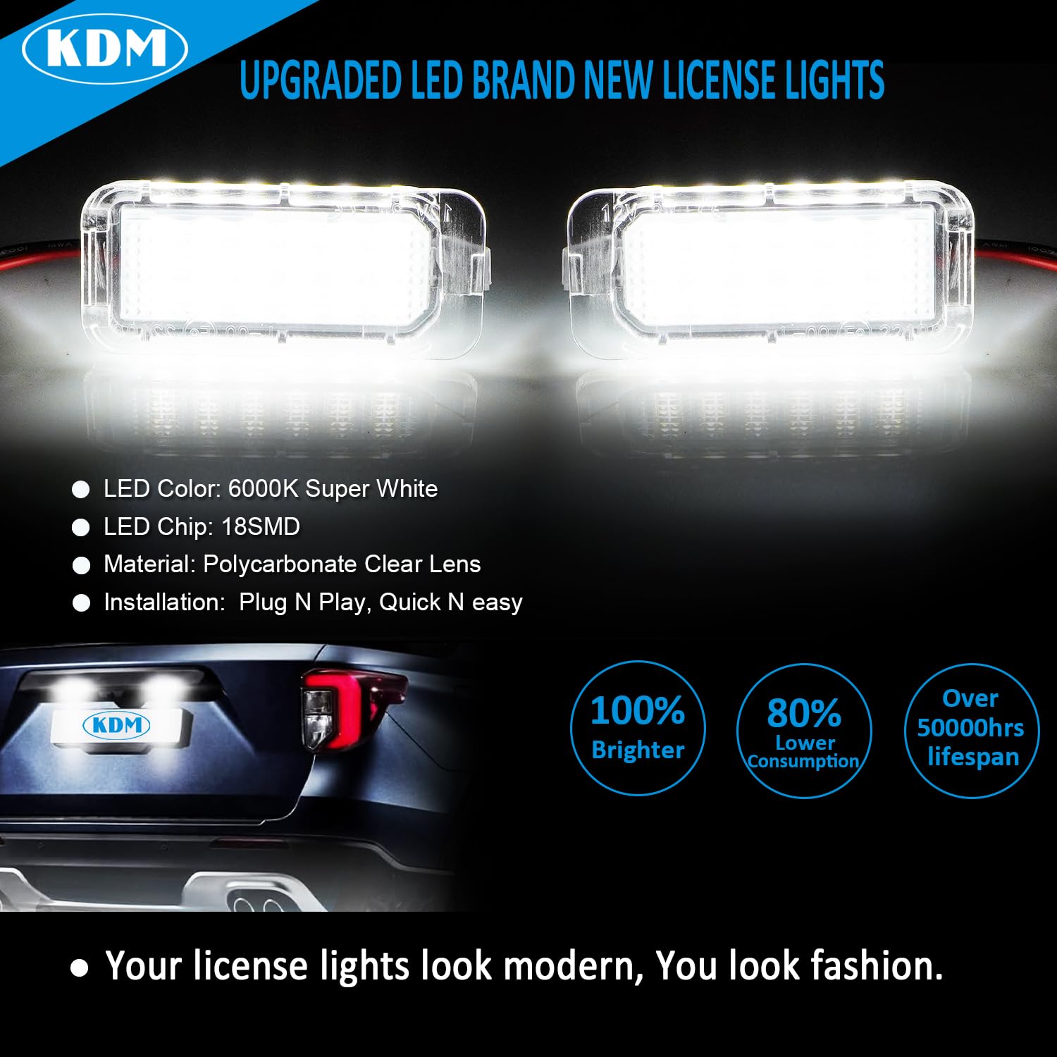 KDM LED License Number Plate Light Assembly Fit for Ford Explorer Expedition Fusion Escape Fiesta Expedition Lincoln MKC,Rear Bumper Tag Lamp Replacement 6000K Bright White,2Pack
