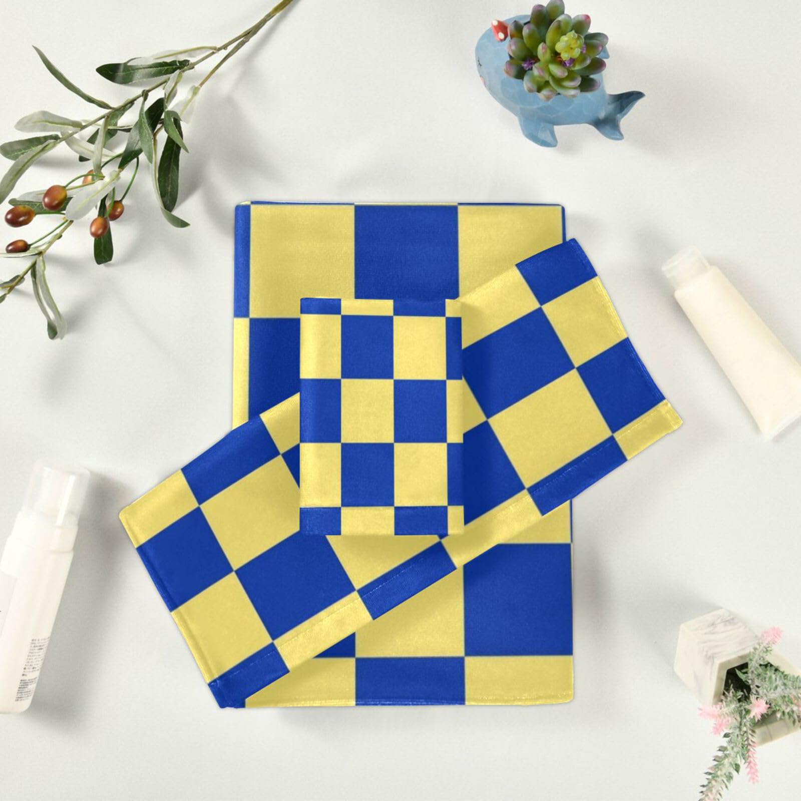 Set di 3 asciugamani per il viso in microfibra a quadri gialli e blu, 1 asciugamano da bagno, 1 asciugamano per le mani, 1 panno per la casa, cucina e famiglia