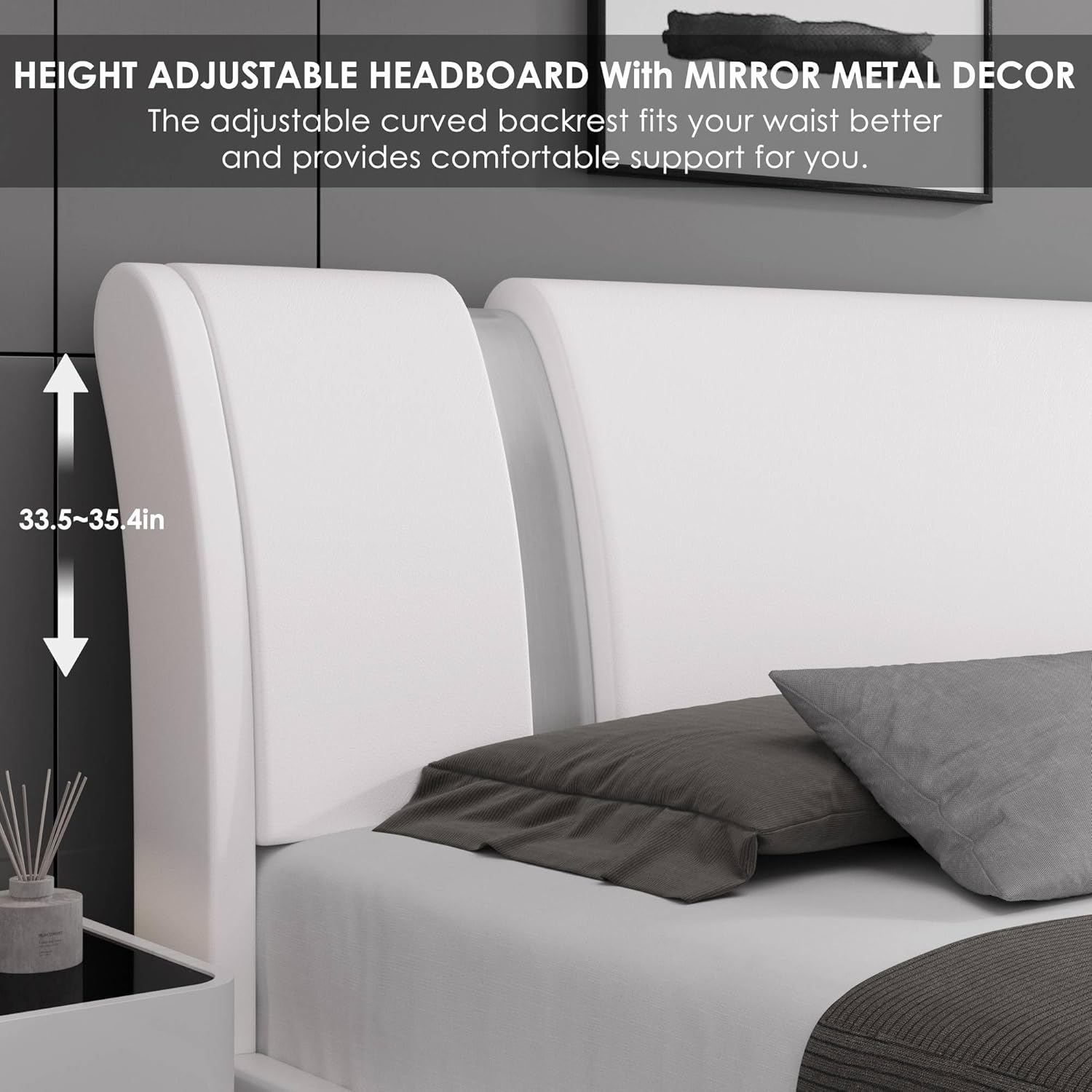 Keyluv Modern Faux Leather Upholstered Platform Bed Frame with Mirror Metal Decoration Headboard, Curved Headboard, Wooden Slats Support, No Box Spring Needed, Queen Size, White