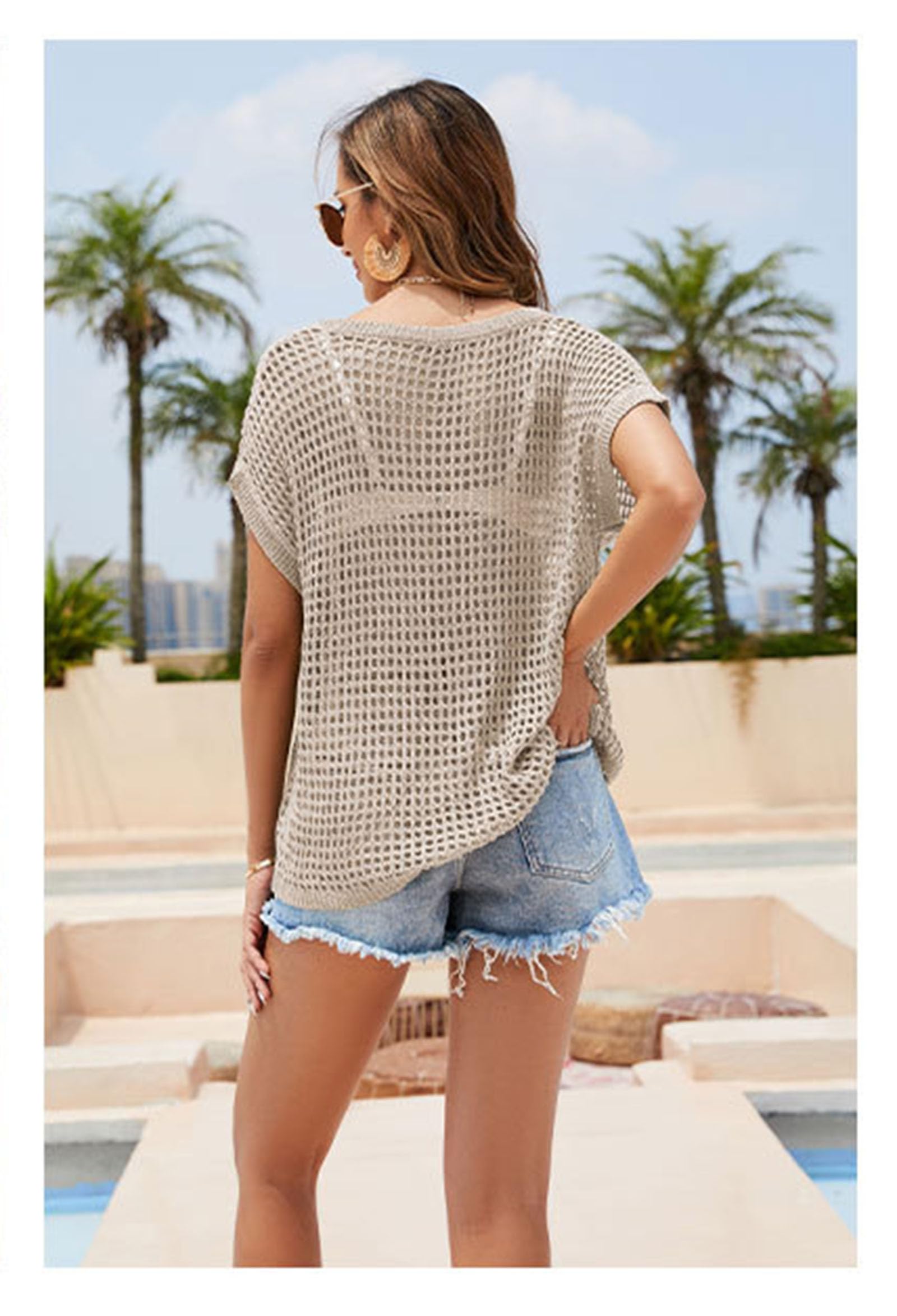 Femmes Maille Crochet Crop Top Sexy À Manches Courtes Évider Tricot Bikini Couvertures Ups,Kaki,XL