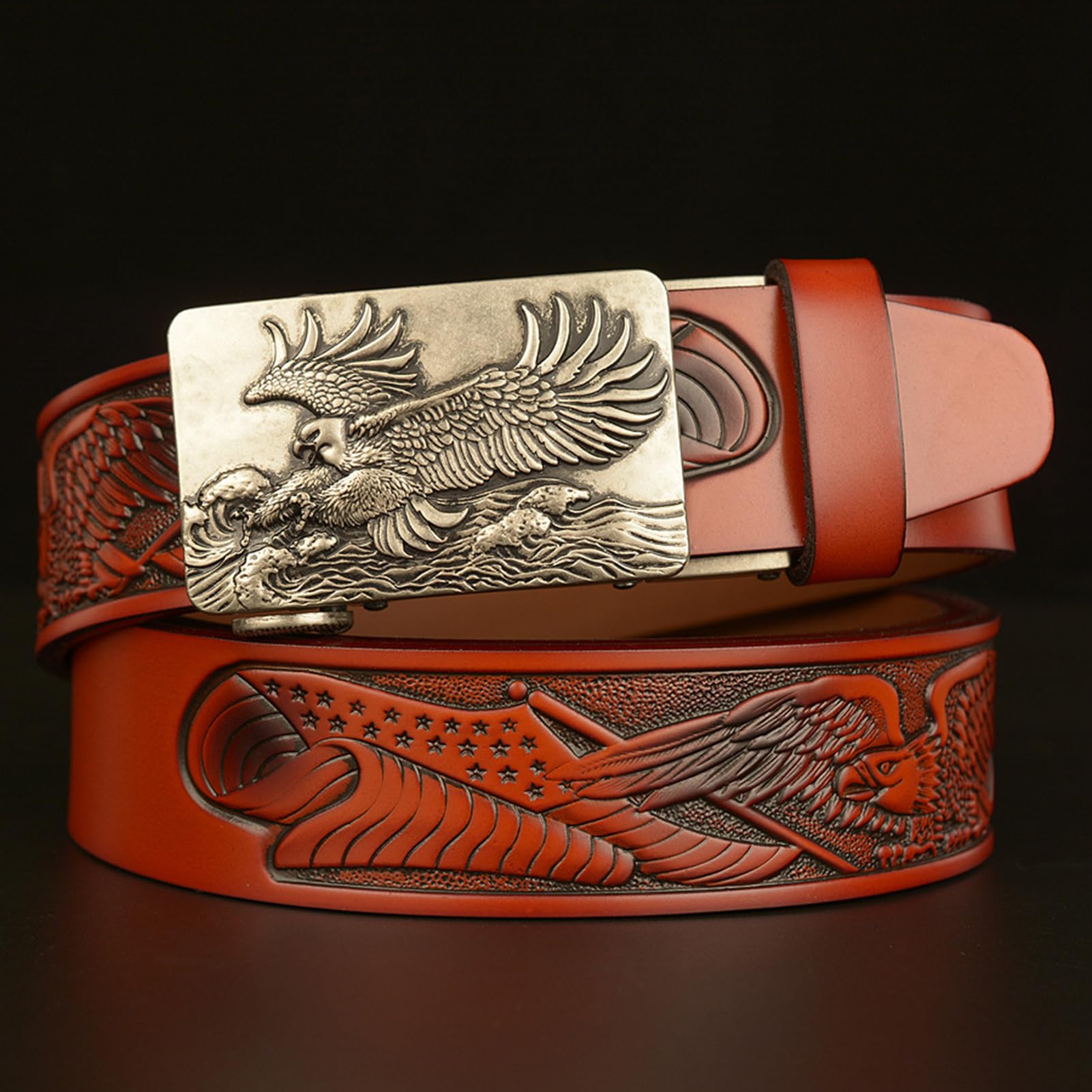 Cinturones de trinquete con hebilla de clic automática grabado Silver Eagle Sea, correa de cintura con patrón de águila deslizante microajustable
