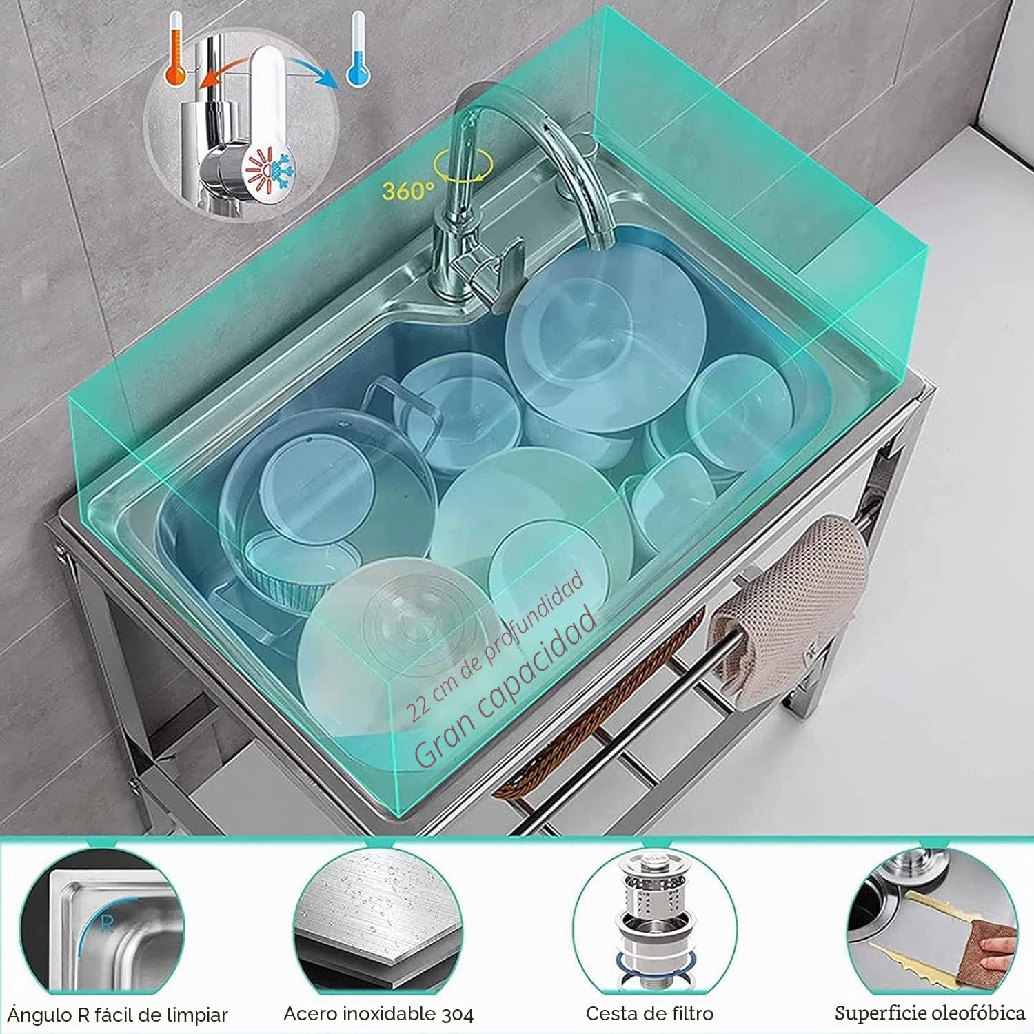 Fregadero exterior Móvil Utilitario Fregadero de cocina independiente de una cubeta 304 de acero inoxidable con grifo, tubos de agua fría y caliente para taller, granja, gastronomía, jardín