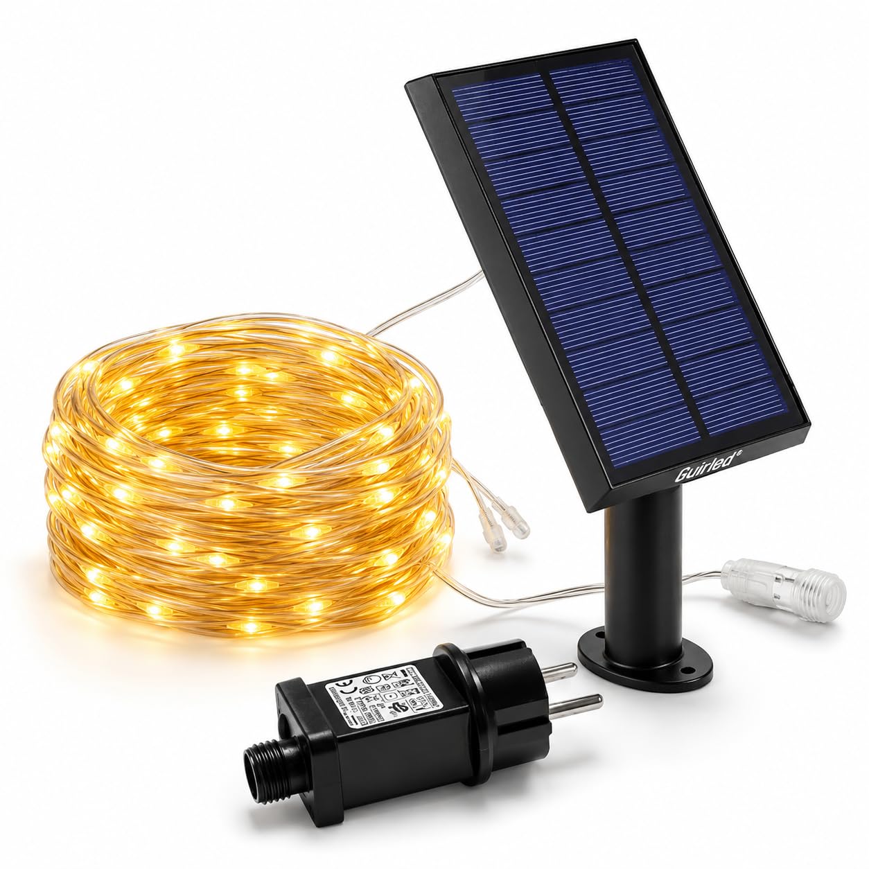GuirLED - Guirlande d'extérieur lumineuse mini LED - Étanche IP55 - Panneau solaire haut rendement - ON/OFF automatique - 200 LED 20 mètres - Filament Silver