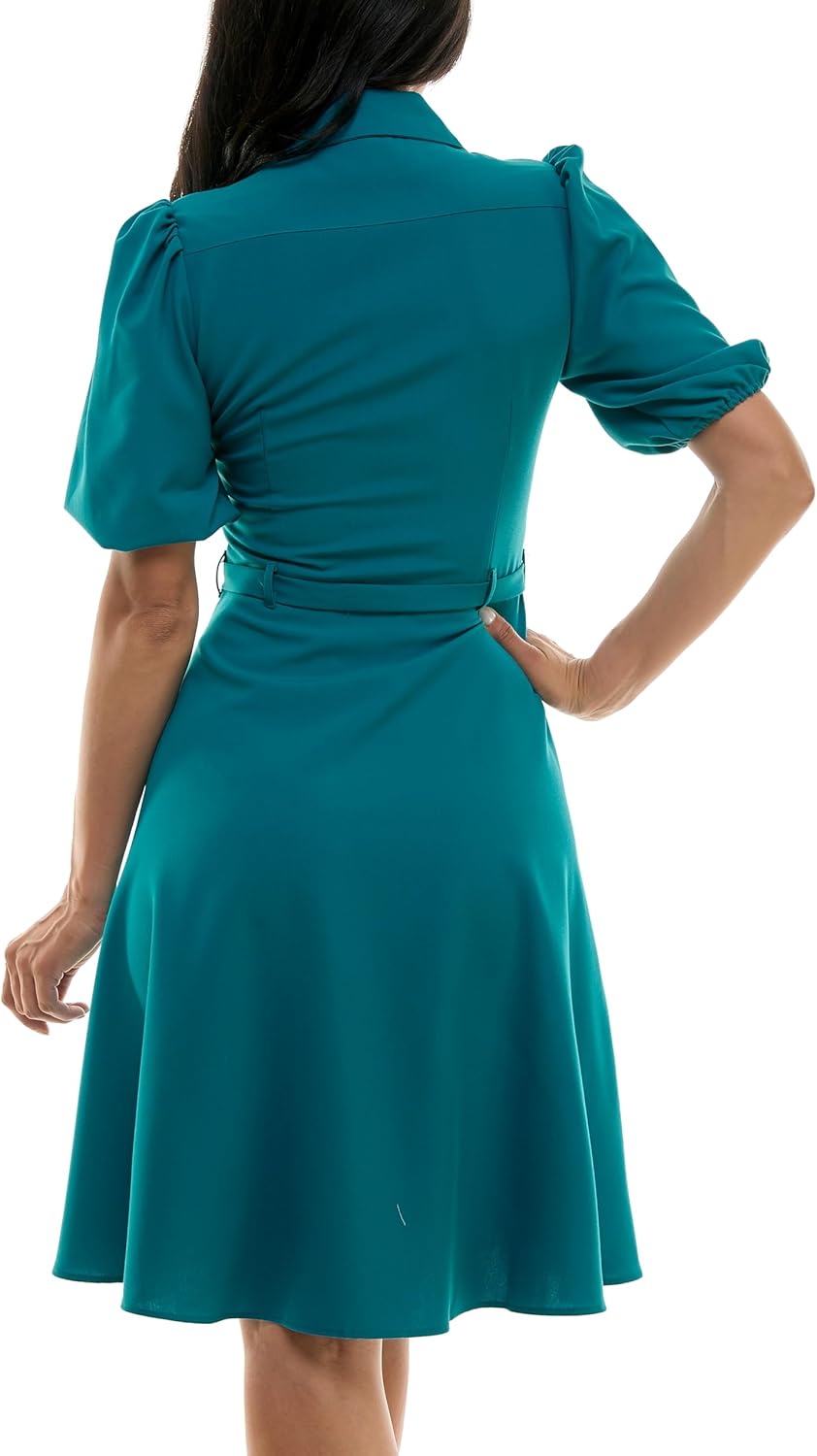 Sharagano Womens Sharkskin Button to Hem Shirtdress with a Blouson Sleeve, Pockets and Self Tie Belt - Image 4