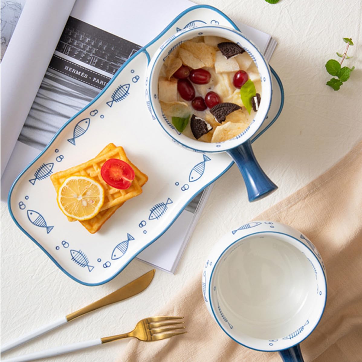Zerodeko Plato Patrón de Peces Rectangular Blanco de Cerámica para Desayuno
