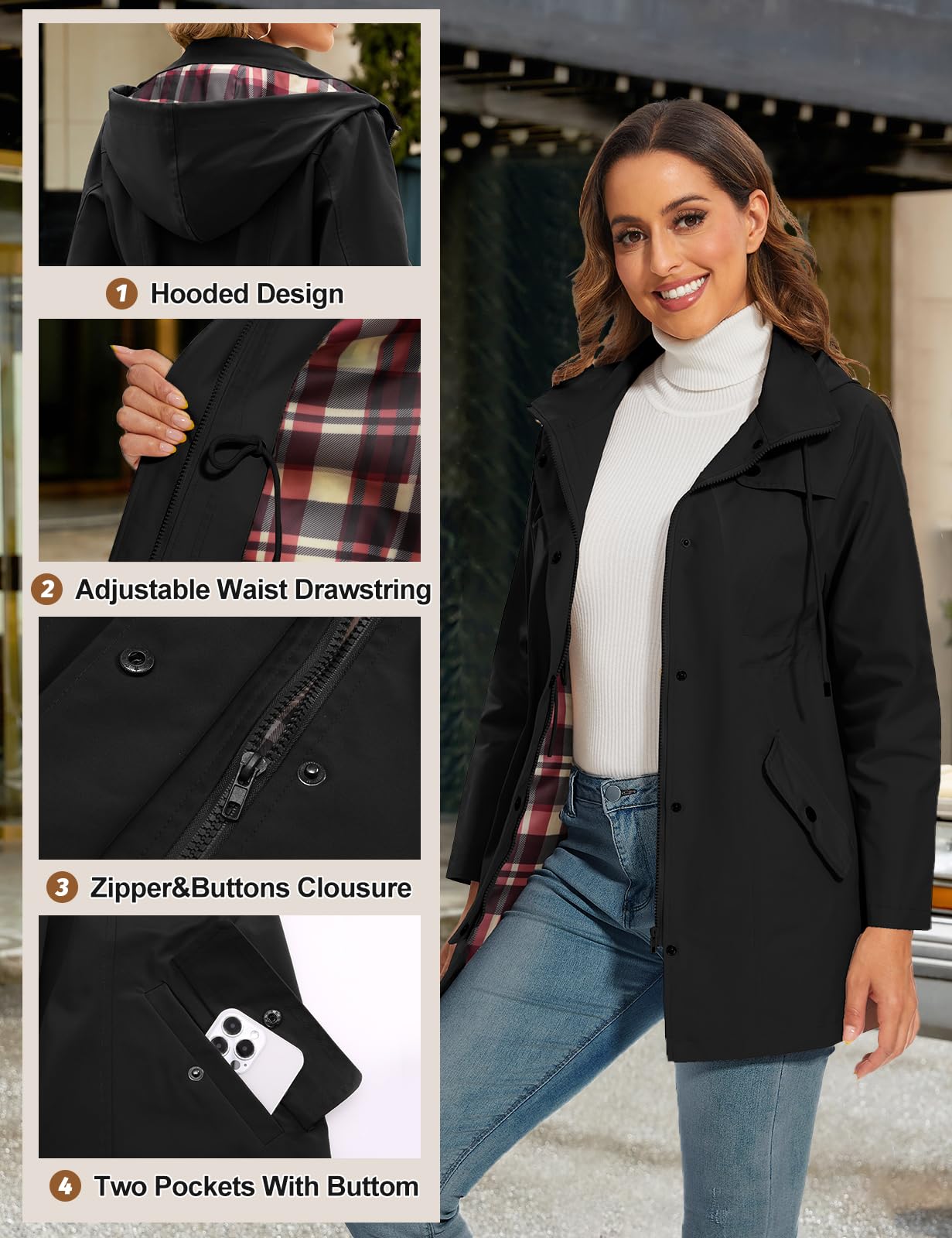 Veste Imperméable Femme Longue Manteau de Pluie à Capuche Doublure Coupe-Vent Longue Vêtements Imperméables Léger Parka Poncho Trench Coat pour Camping Extérieur