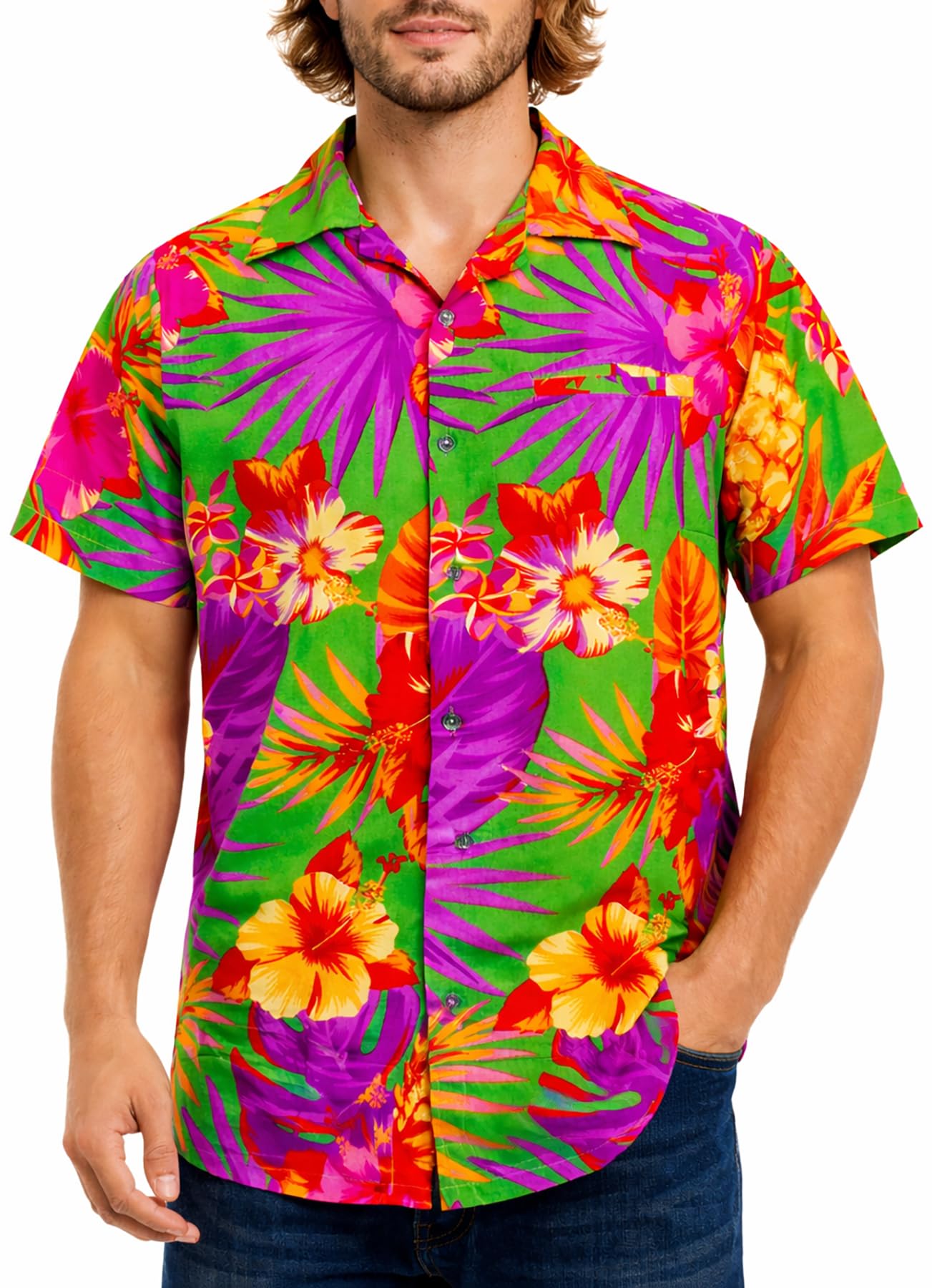 King Kameha Men's Green - Pineapple Hawaiian Shirts For – Hawaiian Shirt With Pineapple Print, Summer Shirts For Uk - Botton Down Shorts Sleeve Shirt - Aloha Holiday Clothes - Pineapple, Green, 3XL