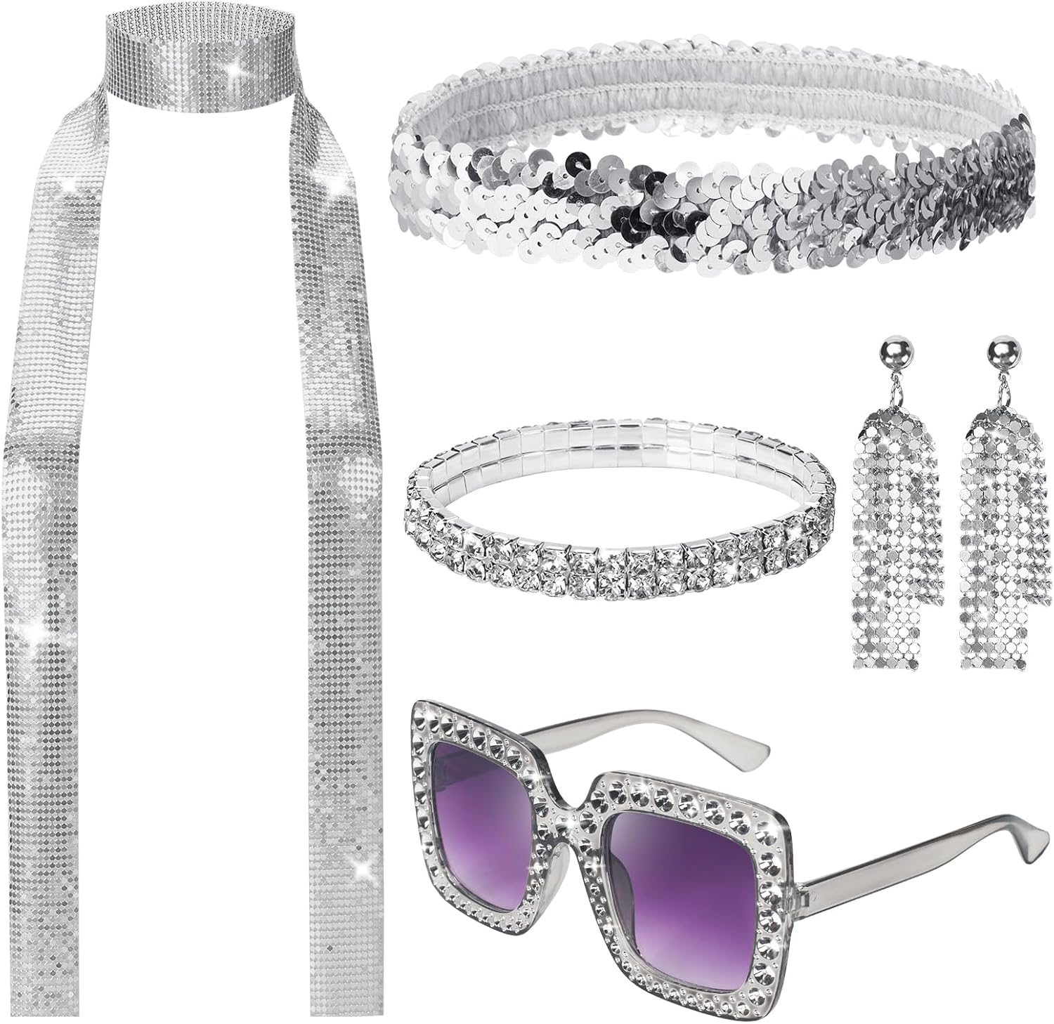 70s Women Disco Accessories, Disco Costume Jewelry Set Include Sequin Scarf Headband Diamond Bracelet Earring Glasses