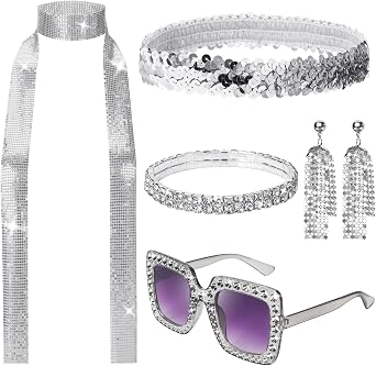 70s Women Disco Accessories, Disco Costume Jewelry Set Include Sequin Scarf Headband Diamond Bracelet Earring Glasses