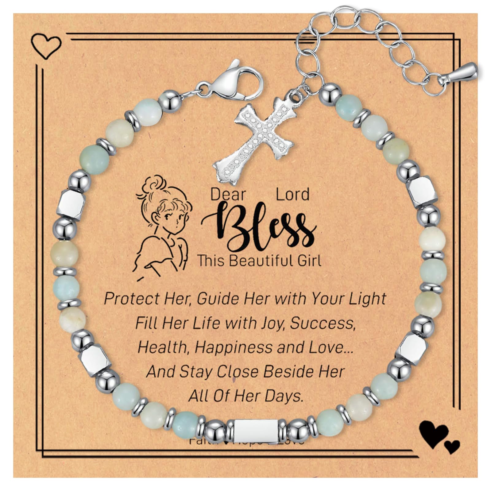 HEEYA Bracelets for Women - First Holy Communion Gifts for Girls, Sweet Heart/Cross Charm Natural Stone Bracelets, Unique Jewellery Gifts with Box & Card