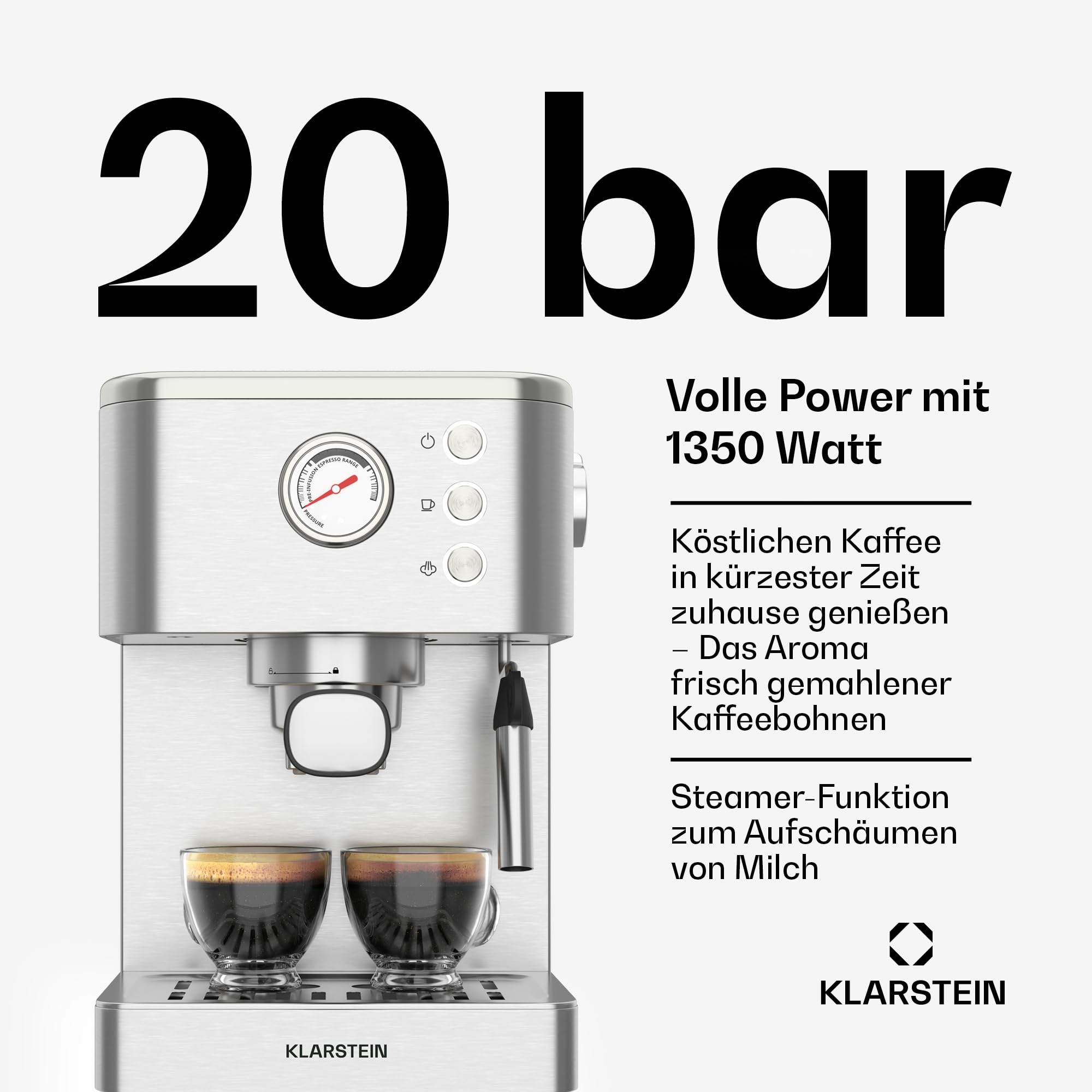 Klarstein SteelPresso Siebträgermaschine – 20-Bar, 1350 W, Edelstahl, Dampf-Funktion, 1,5-L-Wassertank, Kompaktes Design, Mechanische Steuerung, Warmhalteplatte