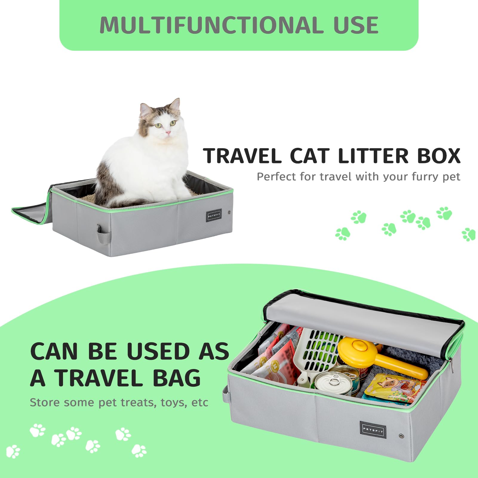 Petsfit Lettiera per gatti da viaggio, pieghevole e portatile, toilette per gatti, facile da pulire, Grigio