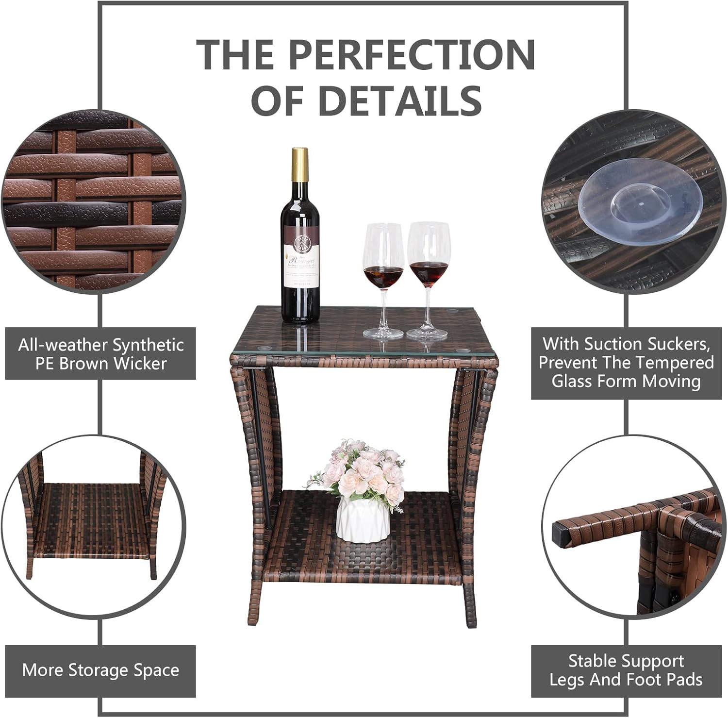 Outvita Outdoor Side Table, Rattan Coffee Table Small End Table with Glass Top Storage for Patio Porch Backyard Balcony