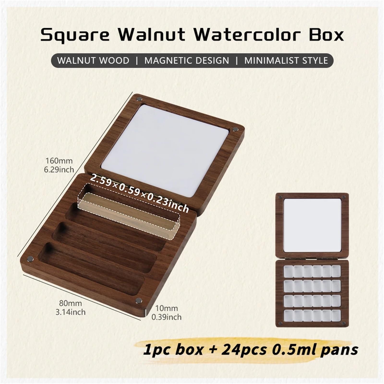 Taca do mieszania farb, Zestaw palet do mieszania farb akwarelowych z pudełkiem paletą czarnego orzecha i półmiskami o pojemności 0,5 ml(Wooden Box Set)