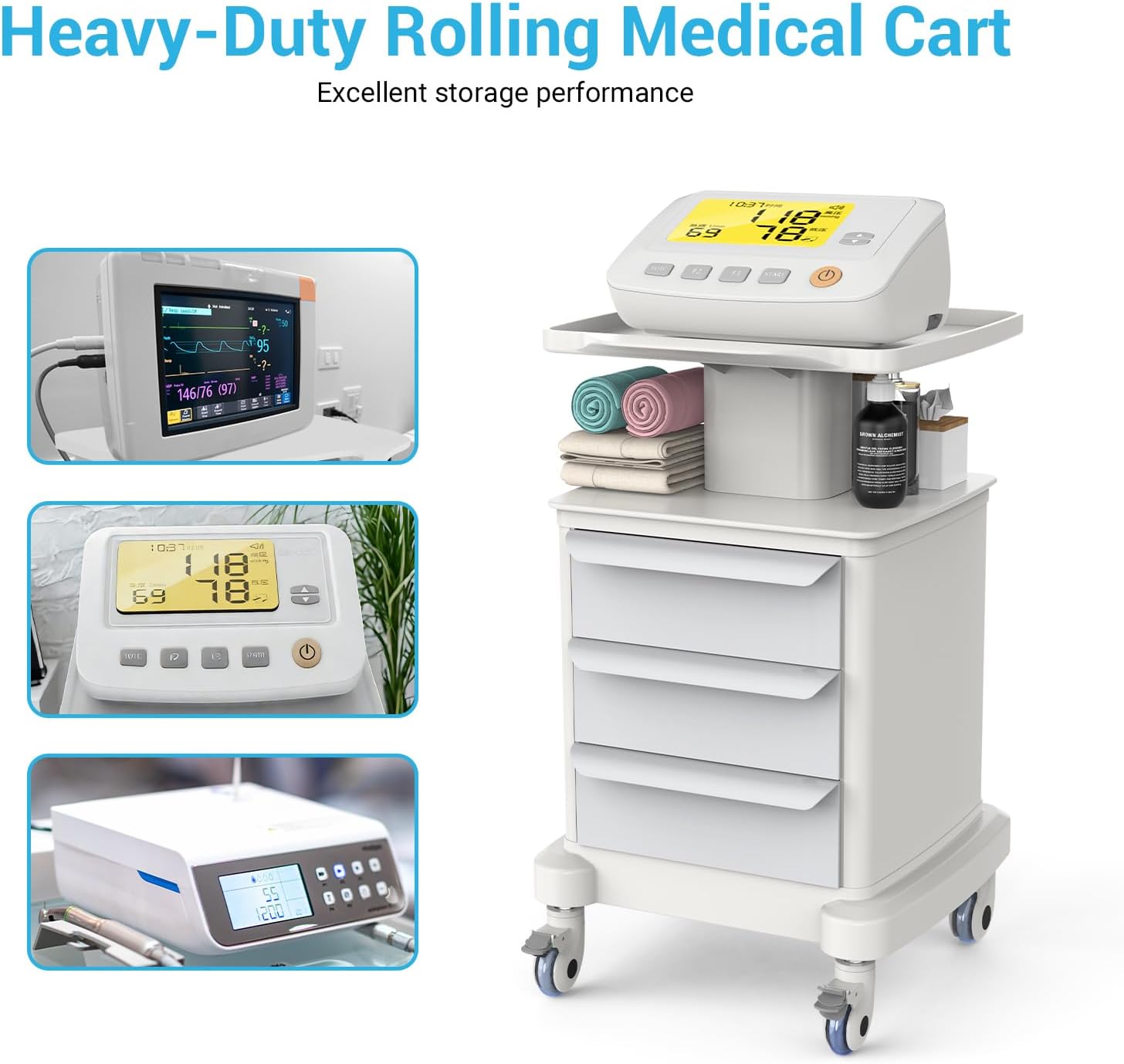 Medical Cart with Wheels, Mobile Ultrasound Cart with 3 Drawers Ultrasound Imaging Scanner Vehicle Rolling Utility Cart for Hospital Office Bedroom Medical Clinic Beauty Salon