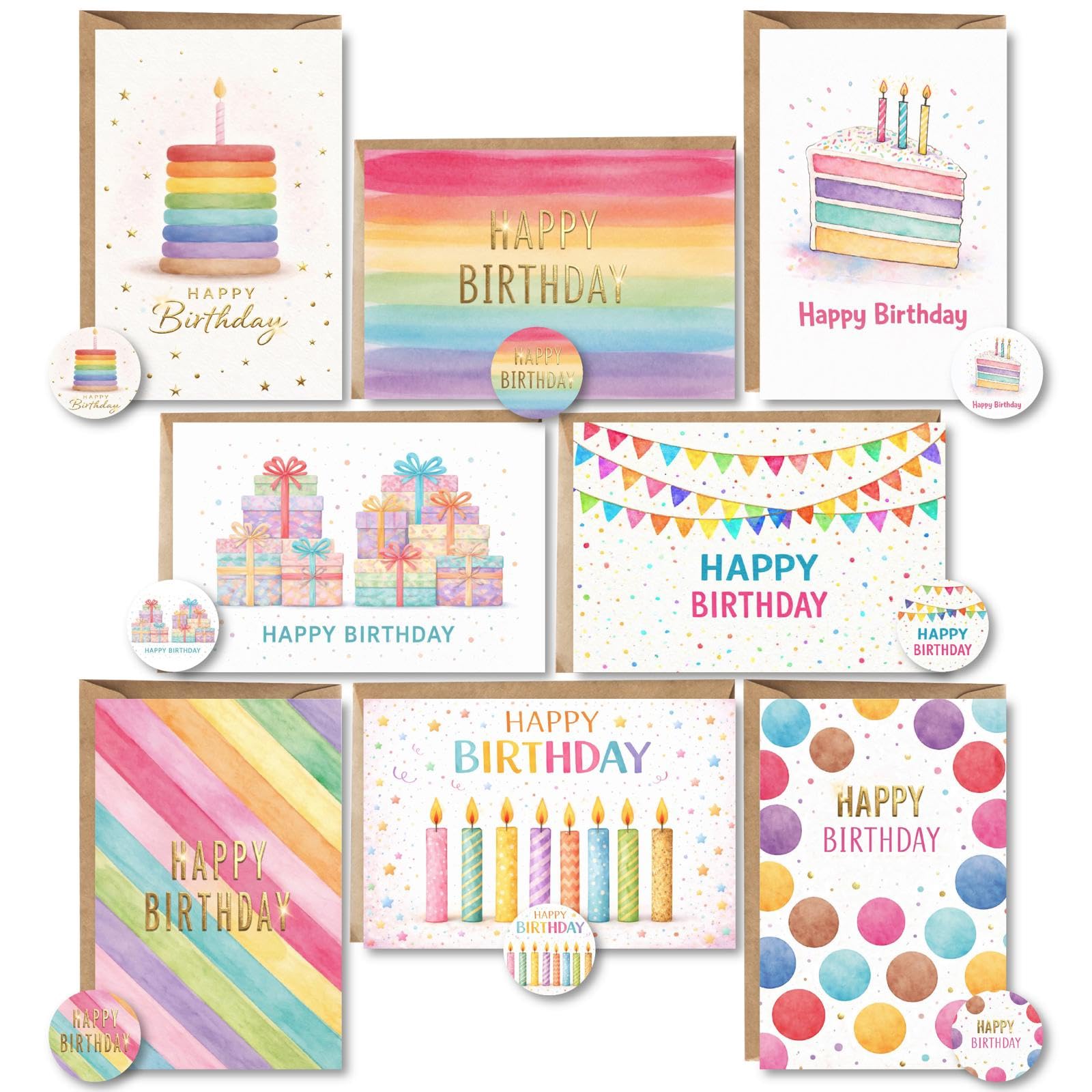 SIMPLY GIFTED Birthday Cards Multipack of 24 with Envelopes & Stickers – 8 Unique Designs Gold Foil Finish Birthday Cards –Premium Thick 10x15 cm Birthday Greeting Cards for Kids & Loved Ones