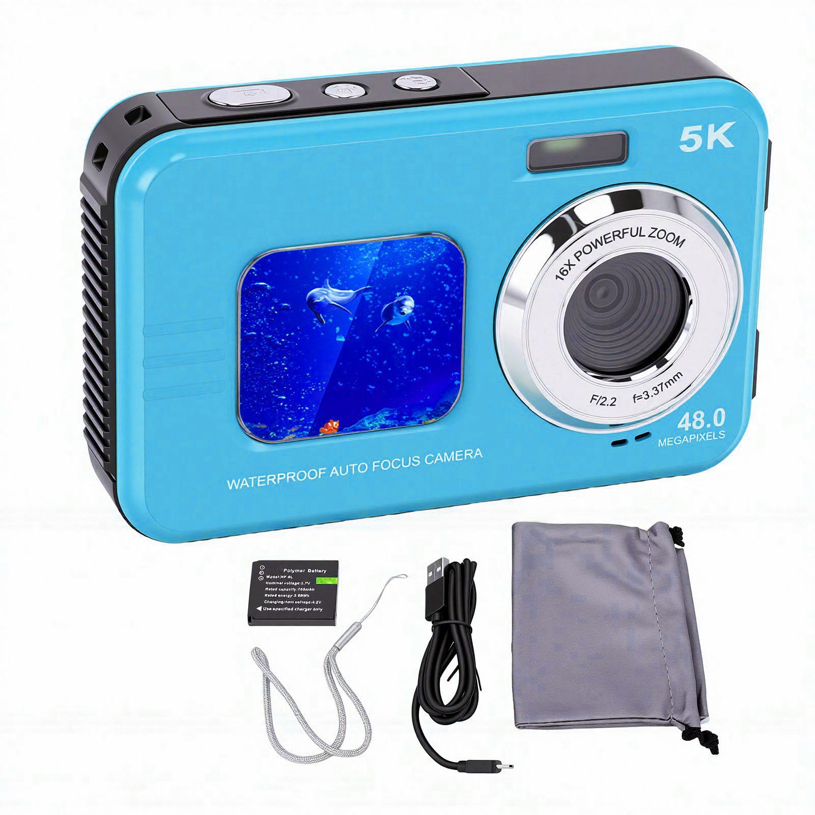 LICAEVEY Cámara Subacuática 5K, Cámara Digital Impermeable de Pantalla Dual con Enfoque Automático de 48MP con Tarjeta de 32GB, Luz de Relleno para Bucear, Nadar y Bucear (Blue)