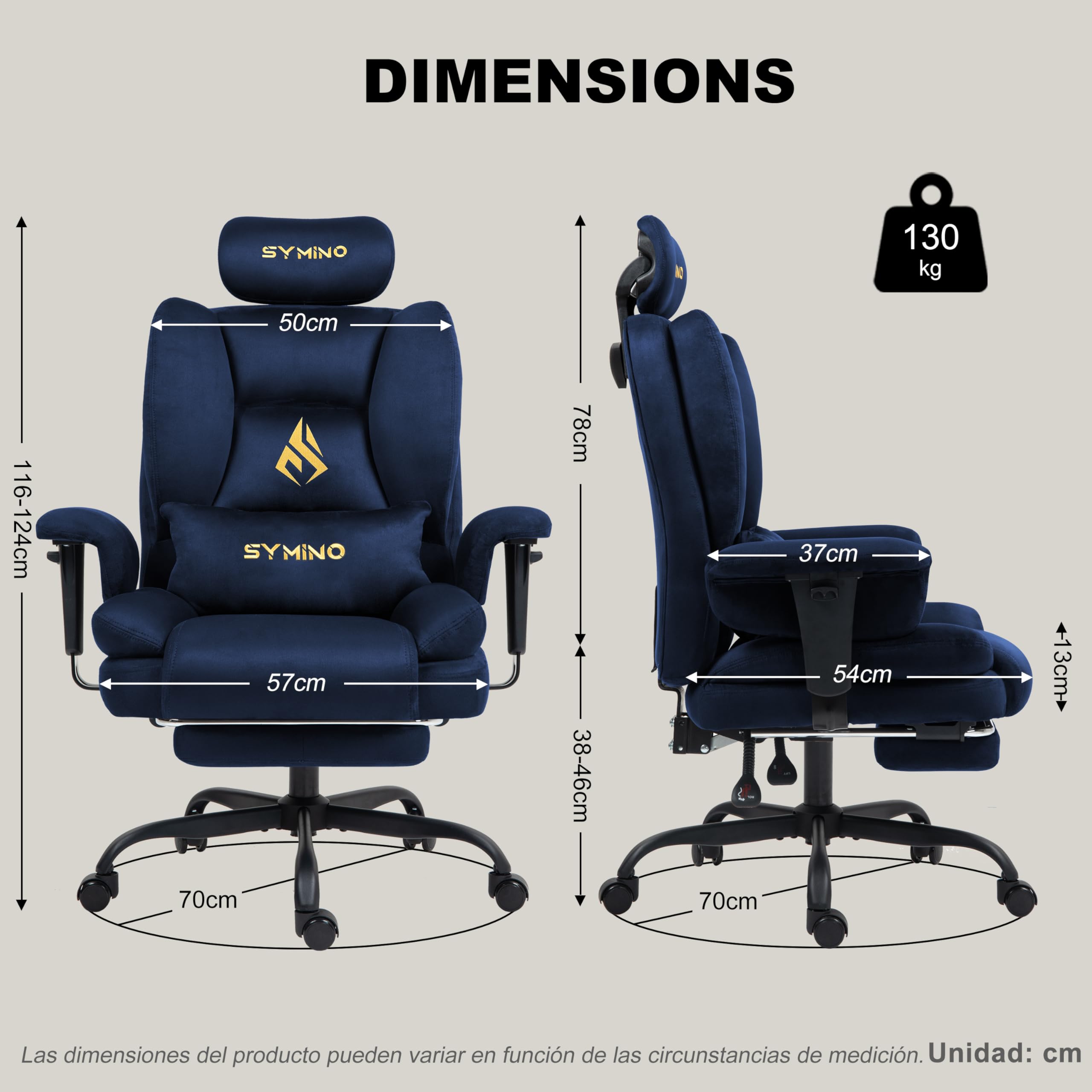 Symino Sedia direzionale da ufficio, ergonomica, in finta pelle scamosciata, con funzione basculante, regolabile in altezza, 130 kg, blu scuro