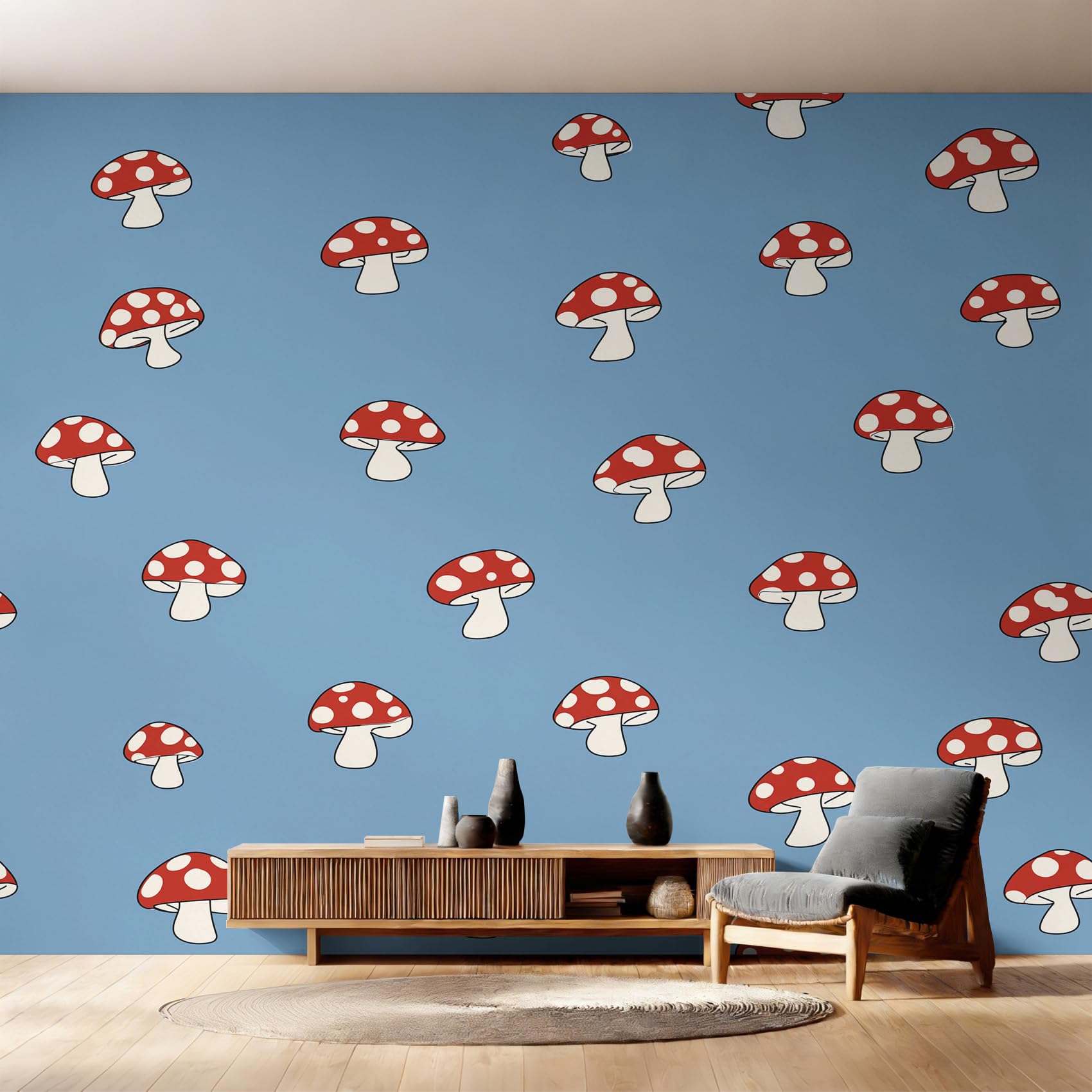 Papier peint champignon pour masquer les imperfections murales avec un décor cartoon rouge