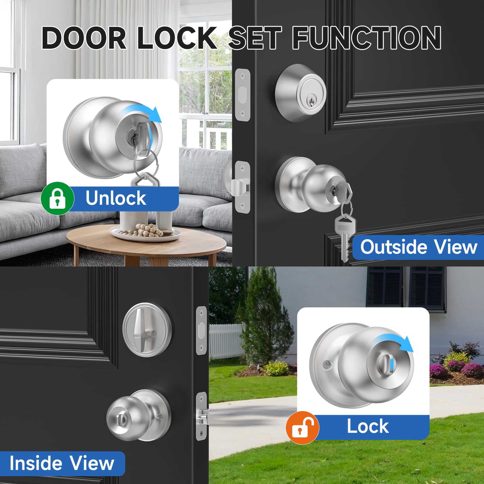 Estmoon Satin Nickel Door Lock Set - 3 Pack Secure Front Door -3