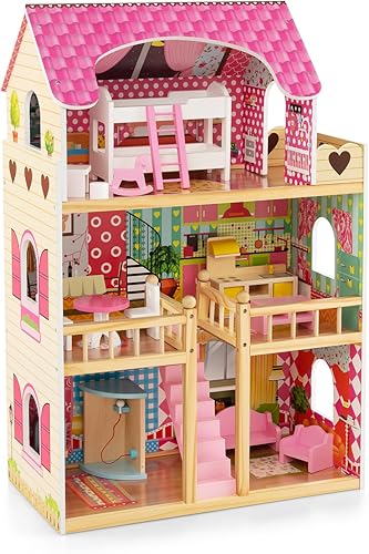 HONEY JOY Casa de muñecas rosa, casa de muñecas de madera para niños con balcón y escaleras, 15 piezas de accesorios y muebles incluidos, juguete