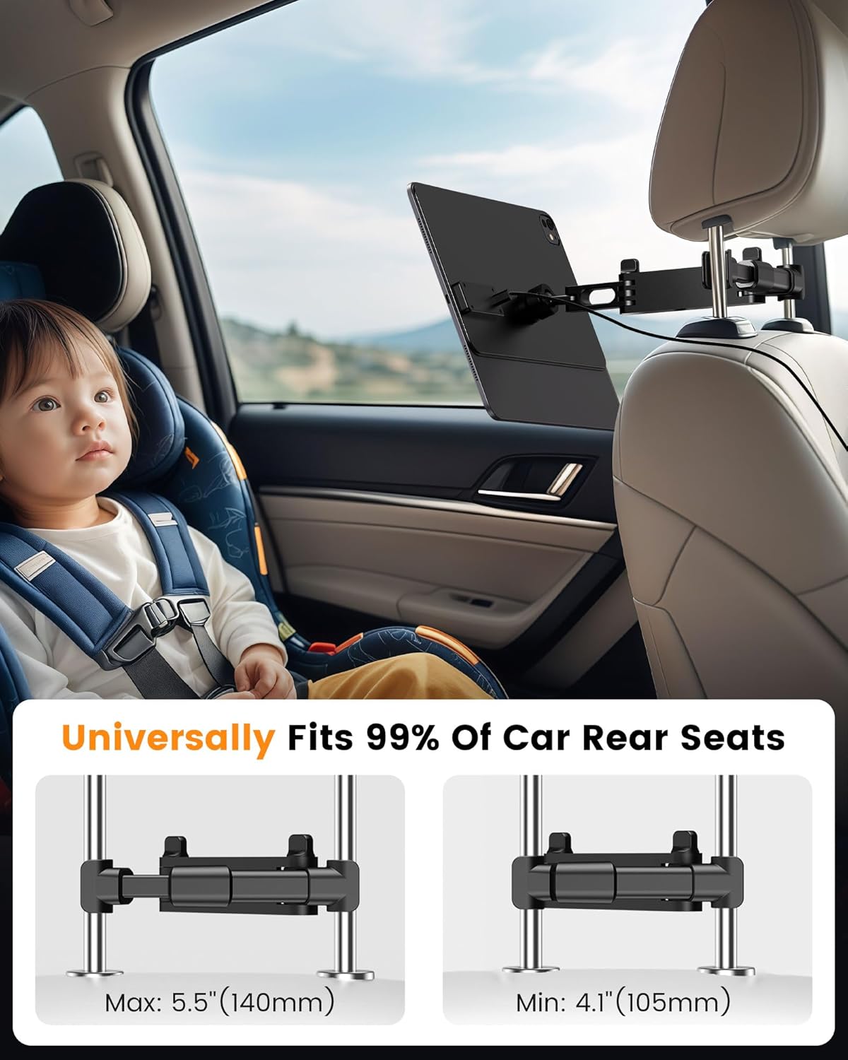 KU XIU Magnetic Wireless Charging Car Headrest Tablet Holder for iPad Pro 11'' M4/M5 Only, Adjustable Long Arm Tablet Car Mount Back Seat for Kids, Road Trip Essentials Holder with Air Vent Stand