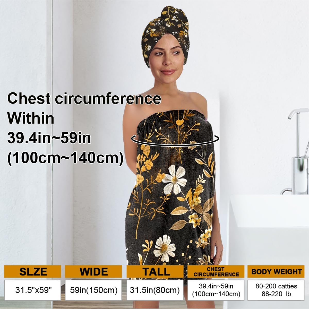 NIGHTCRUZ Vintage Floral Bath Wrap Set, Black Microfiber Shower Towel with Hair Turban, Gold White Flower Pattern Spa Body Wrap for Women (Floral 1)