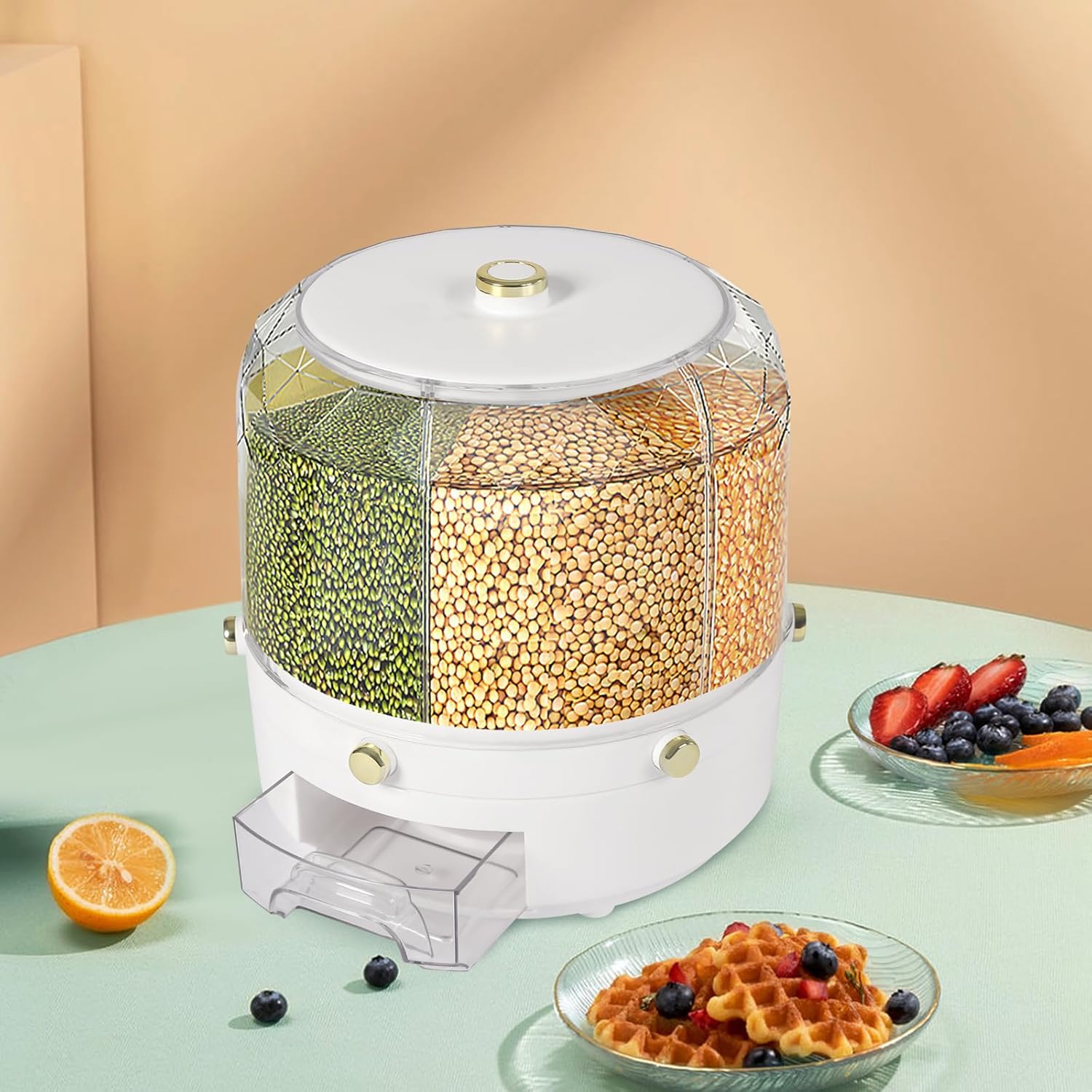 6 Grids Rice Food Grain Dispenser, 360° Rotation Rice Container With Large Opening Design, Pantry Storage Container For Oats, Mung Beans, Corn Kernels, Millet (White)