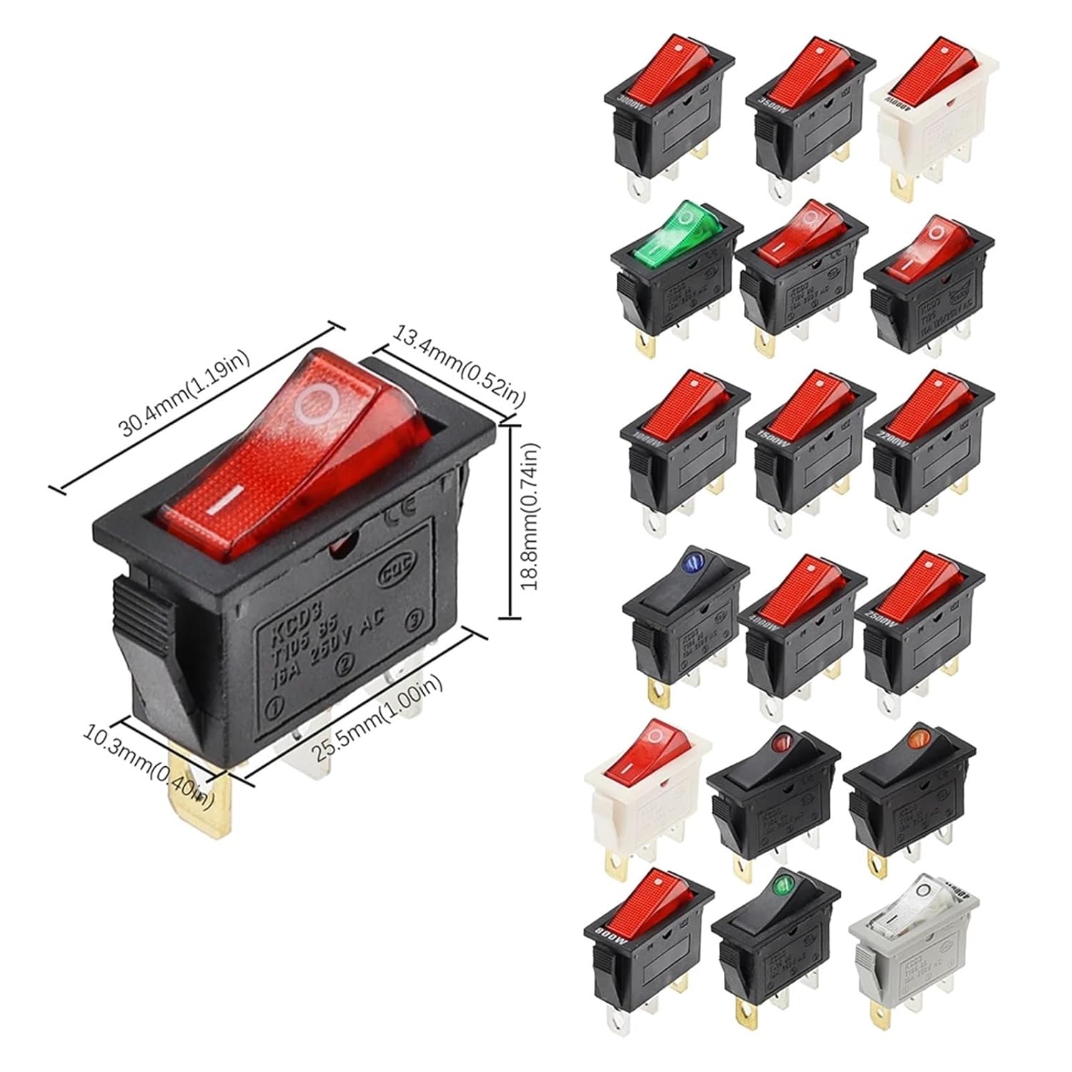 6pcs KCD3 220V ON/Off SPST Rocker Switch Single Pole Single Throw 2 3 Position 20A 125VAC with LED Light(Black 3 Gear)