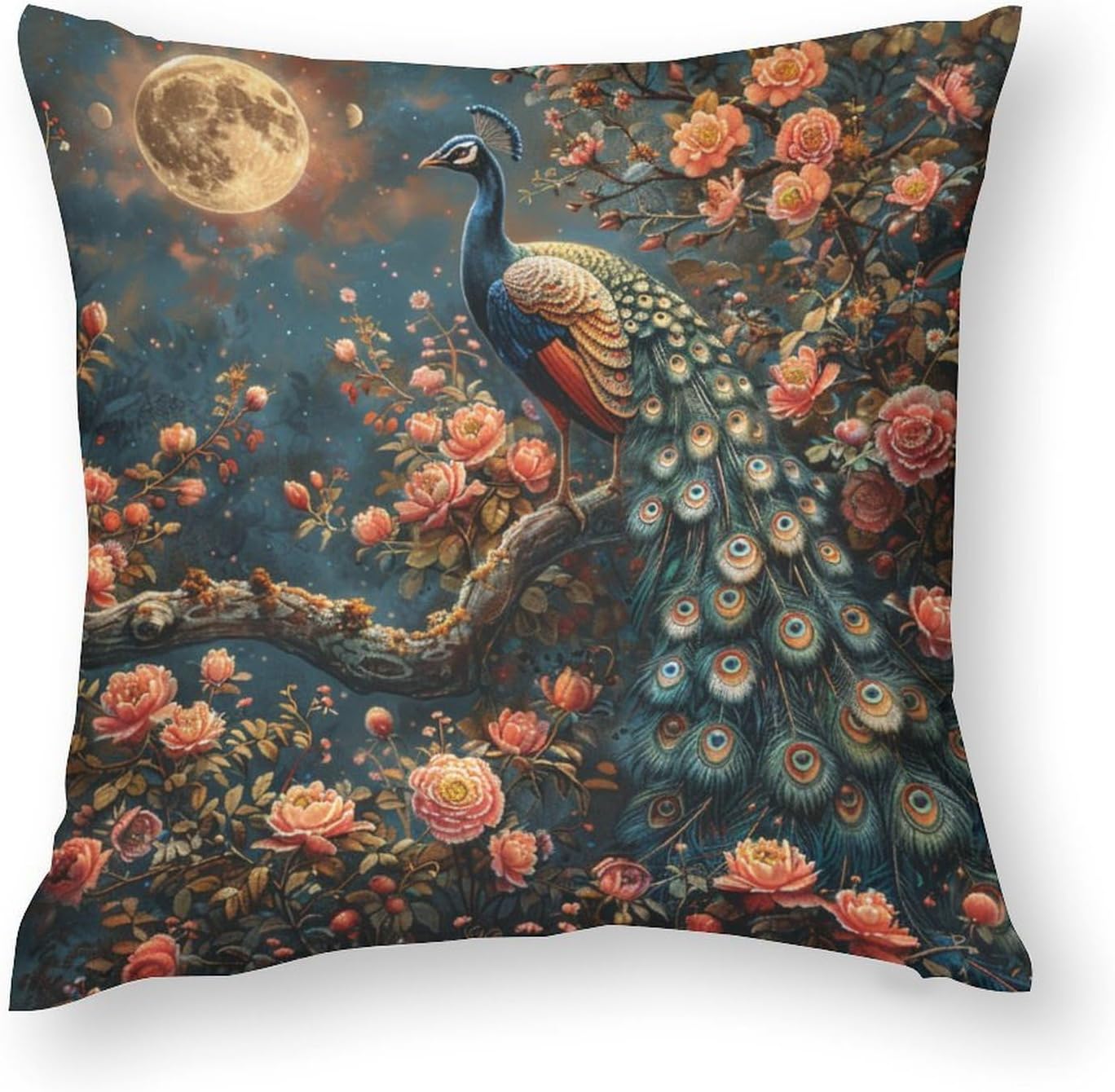 2 Packs Vintage Floral Tree Peacock Throw Pillow Covers for Living Room, Farmhouse Bird Starry Moon Pillow Covers Cushion Case for Couch Sofa Bed, 12x12 inch