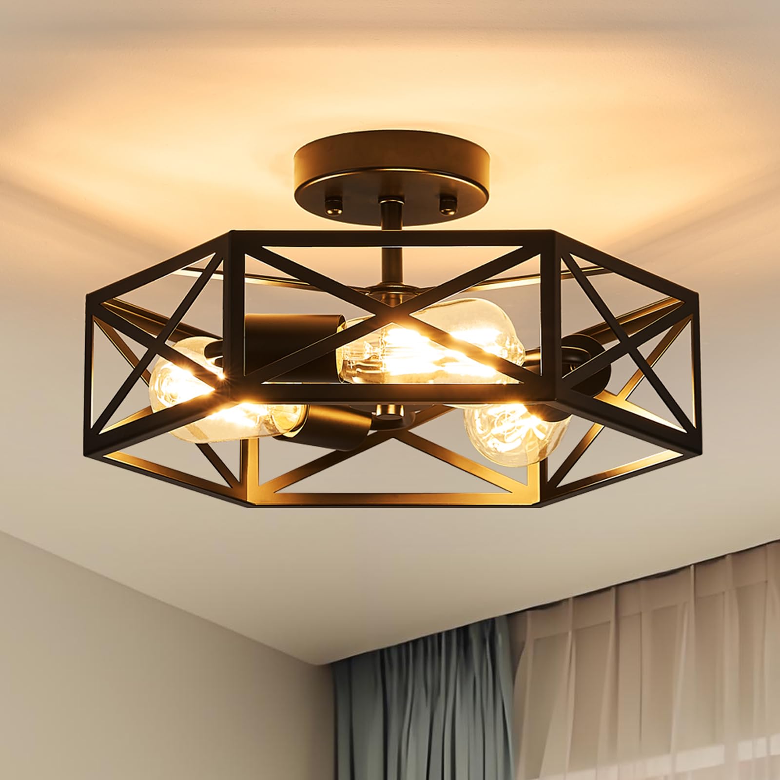 Modern Farmhouse Black Ceiling Light Industrial Semi Flush Mount Ceiling Lighting Fixture Hexagonal Lighting Fixtures for Kitchen Bedroom