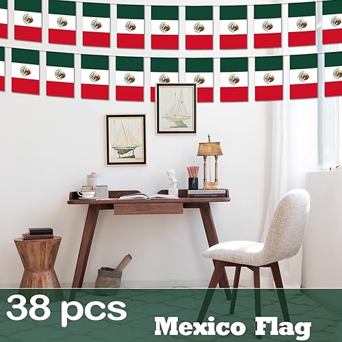 Miniatura 6 de Banderín de bandera de México, 38 banderas, 42 pies, pequeñas banderas mexicanas para decoración de campo, escuela, fiesta, eventos deportivos