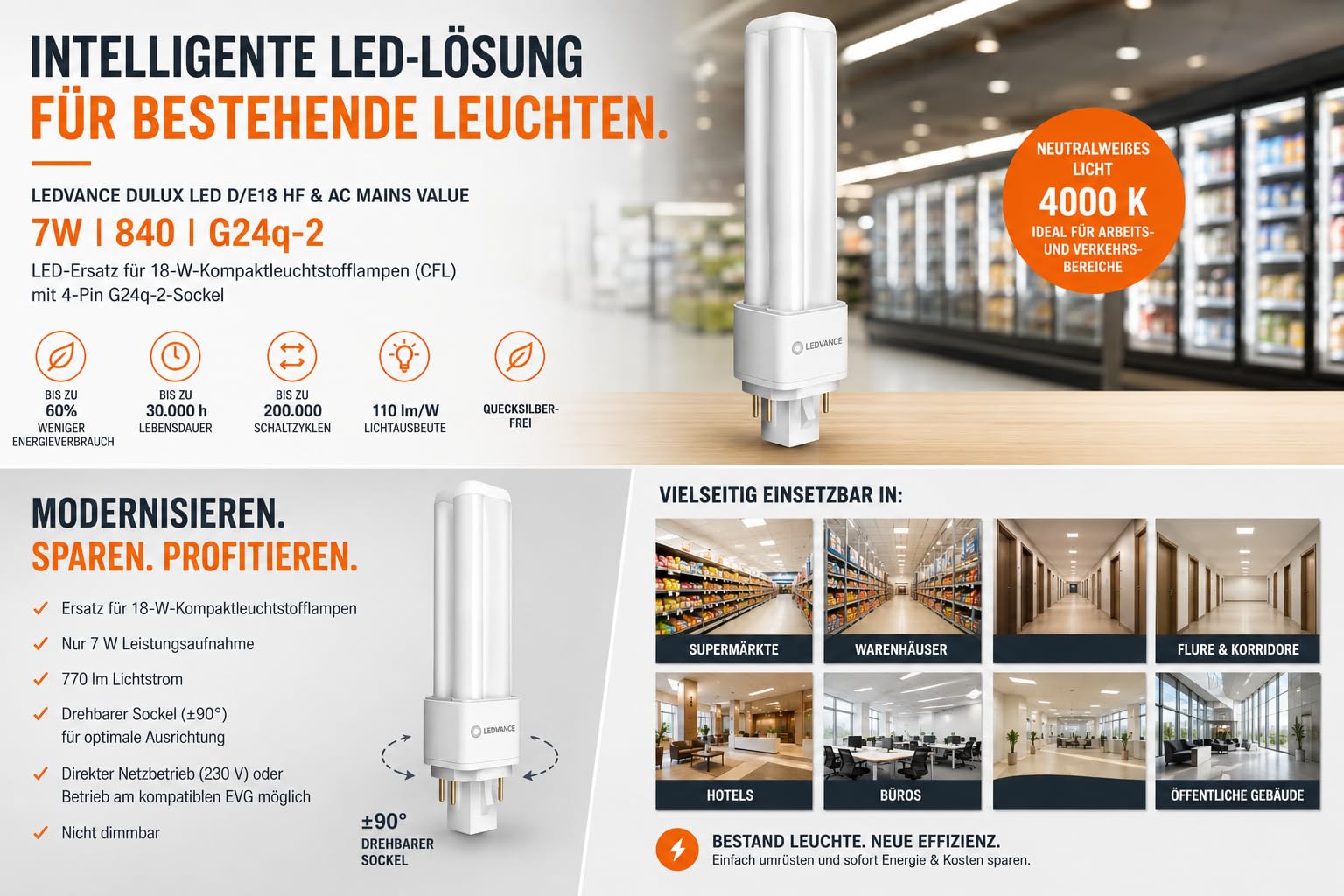 Ledvance DULUX D/E LED Lampe 7W (ersetzt 18W) 840 G24Q-2 4Pin | 10 Stück