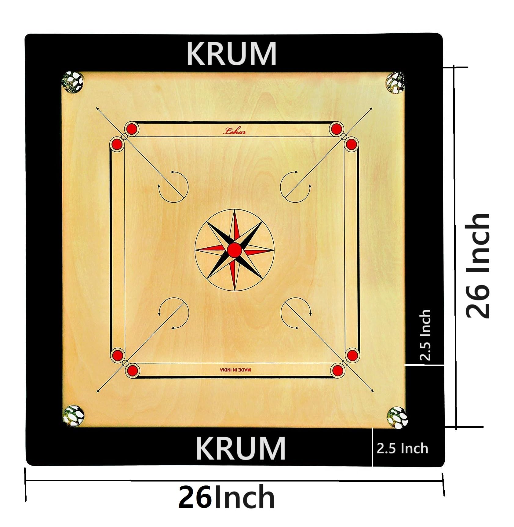 KRUM Planche de carrom de qualité supérieure de 66 cm avec pli blanc, bordure de 6,3 cm – Comprend des pièces de carrom, un bâton et de la poudre | Jeu de carrom pour une expérience de jeu ultime