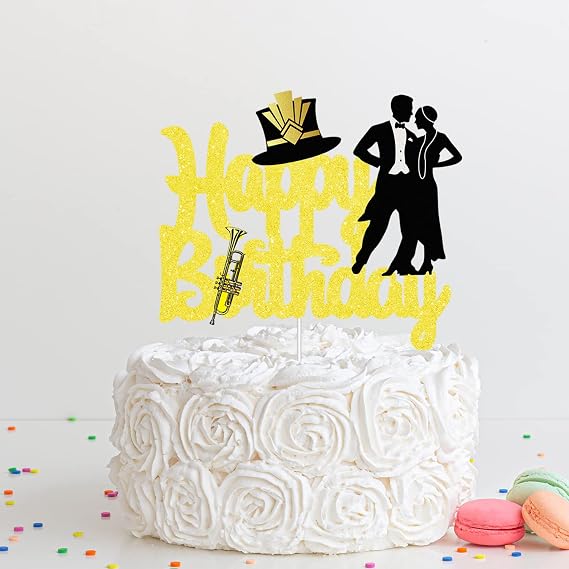 Roaring 1920's Happy Birthday Cake Topper - 1920s Vintage Flapper Wedding Art Decor Jazz Dance Party Supplies - Black and Gold Birthday Party Decorations For Women Mens cake Topper
