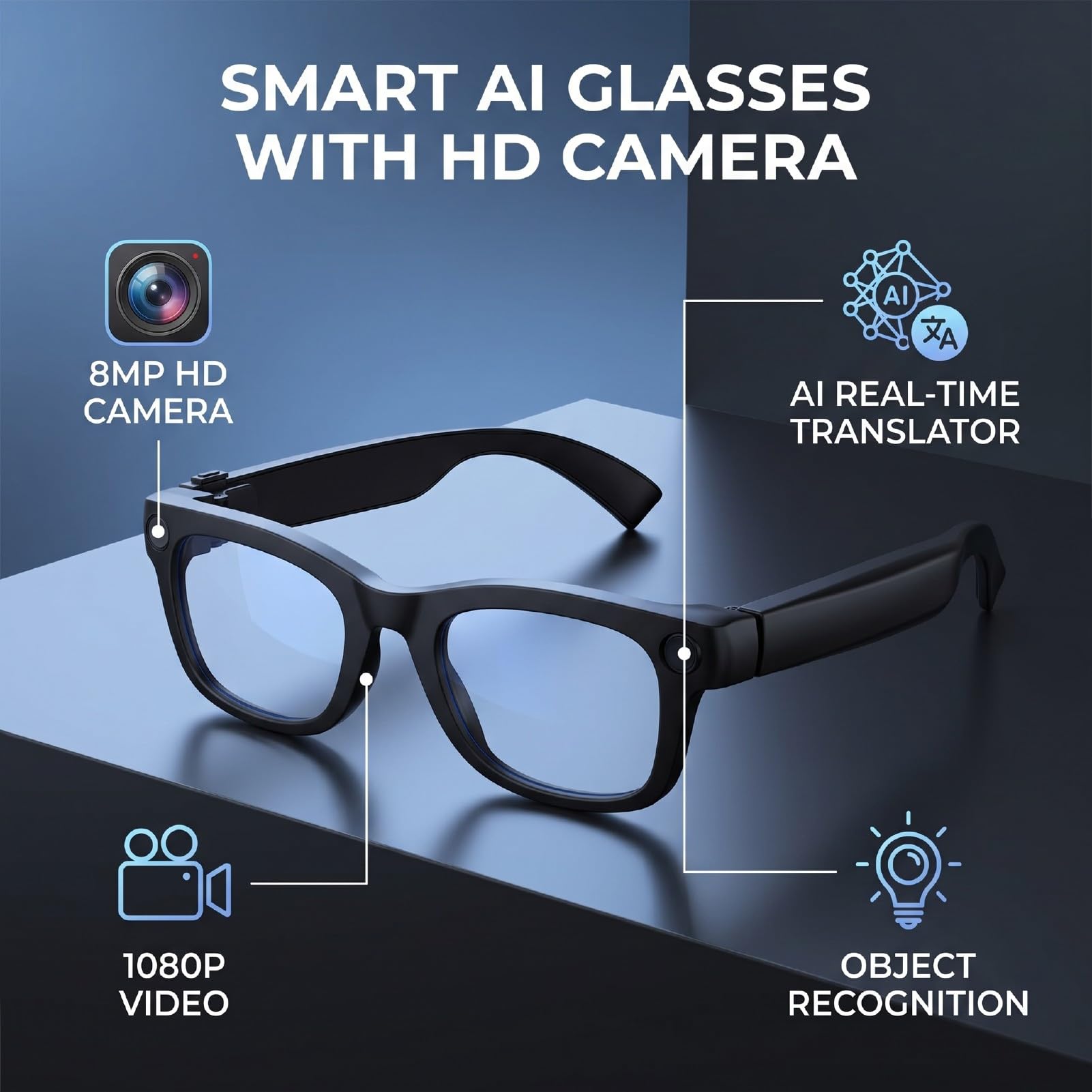 Occhiali Intelligenti AI con Fotocamera, Obiettivo HD da 8 MP Video 1080P Foto da 32 MP, Bluetooth 6.0 Traduzione in Tempo Reale 139 Lingue, ChatGPT, per Viaggi D'affari
