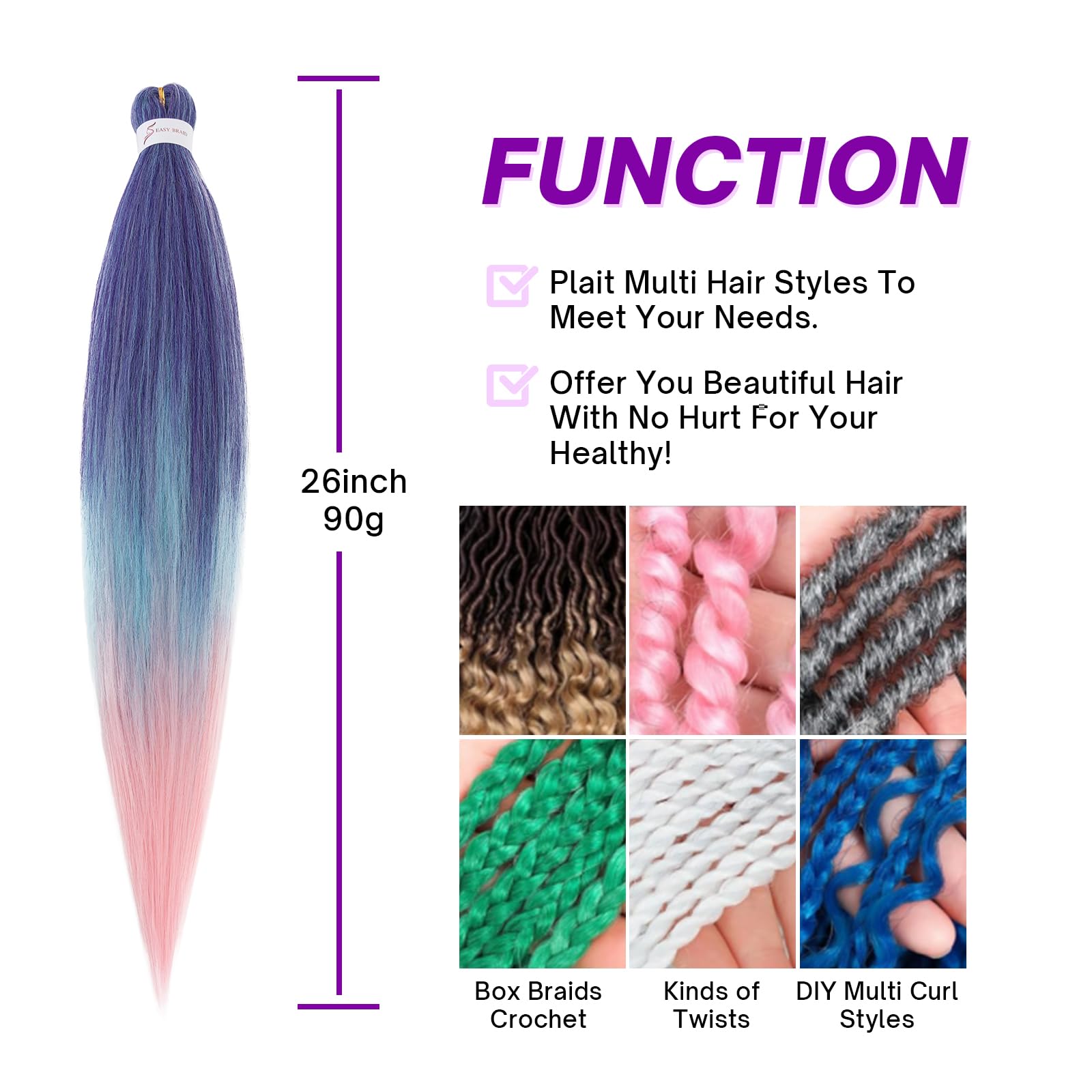 S-noilite Long EZ Braids Pre-Stretched Easy Braiding Hair Extensions for Crochet Box Twist Braids Ombre Yaki Texture Synthetic Hair Hot Water Setting,26 Inch 3 Packs 270g,Dark Blue to Blue to Pink - Image 4