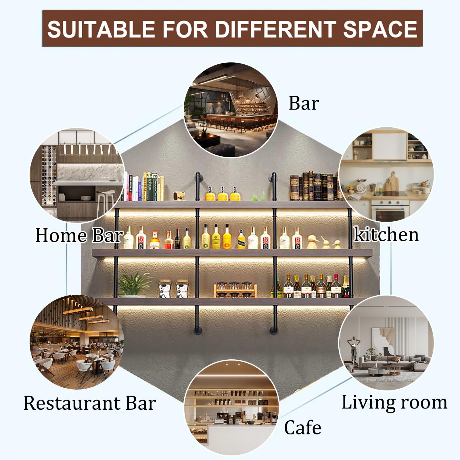 Weinregal Wand, Industrieller Massivholz Weinpareite Display Rack, 3 Ebenen Weinflaschenhalter Wandmontage, schwebendes Barregale Wand für Zuhause, Bar Deko, Küche, Restaurant (140cm)