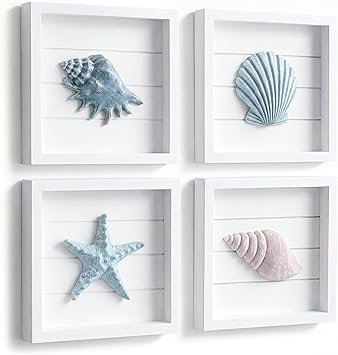 Tide and Tales 3D Seashells & Starfish Coastal Wall Art Decor (Framed Set of 4) Beach Wall Decor for Bathroom or Coastal Bedroom - Ocean Inspired Seaside Decorations for Home or Beach House (7&amp...