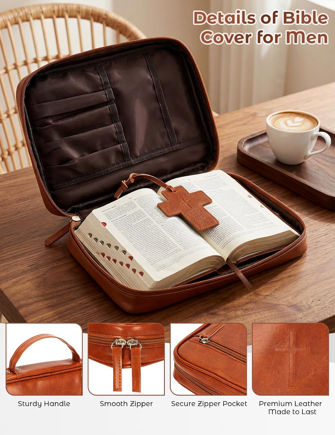 Bible Cover Case for Men Large Bible Cover Bag PU Leather Carrying Book Case Bible Book Cover with Handle Leather Christian Bible Journal Bible Study Supplies Religious Gift Church Bag