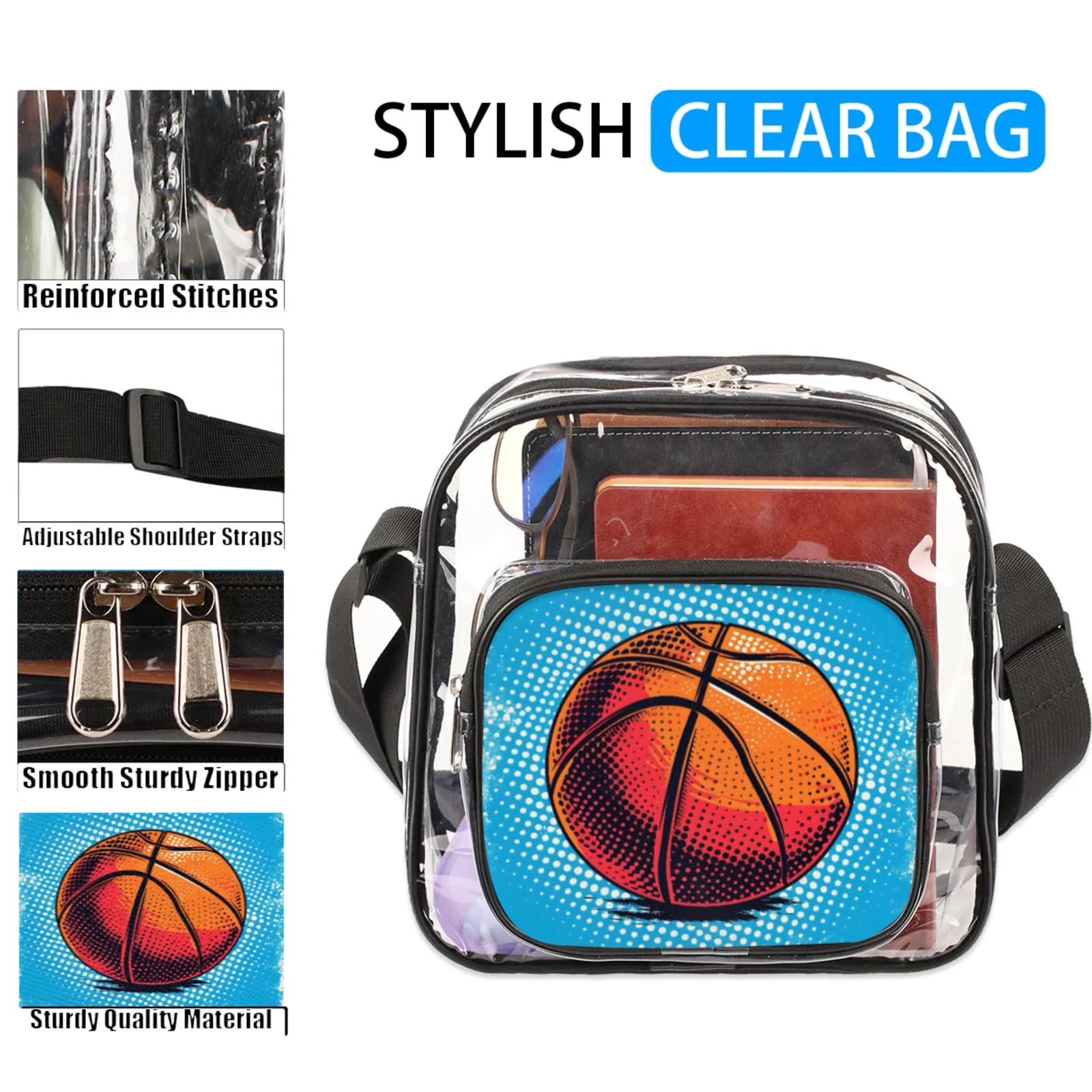 Clear Crossbody Bag Stadium Approved Sports Basketball Transparent Bag for Festivals, Sports Events, Concerts,Beach Bag for Women Men Clear Purse with Front Pocket Messenger Bag with Adjustable Strap