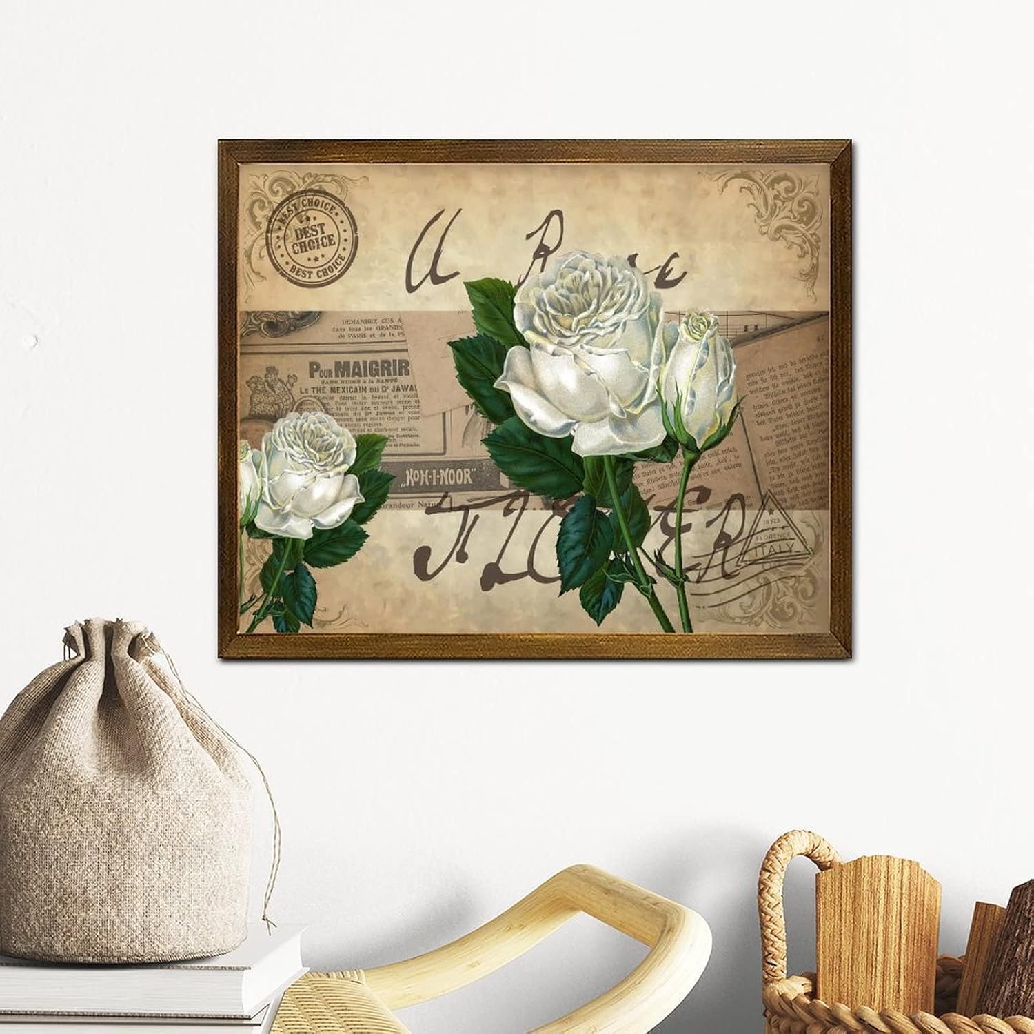 Vintage French Rose Flower Framed Wood Sign Retro Newspaper Music Note Wall Sign Vintage Hello Spring Flower Wall Art Home Decor for Home Room Office Garden Kitchen 16x20 Inch