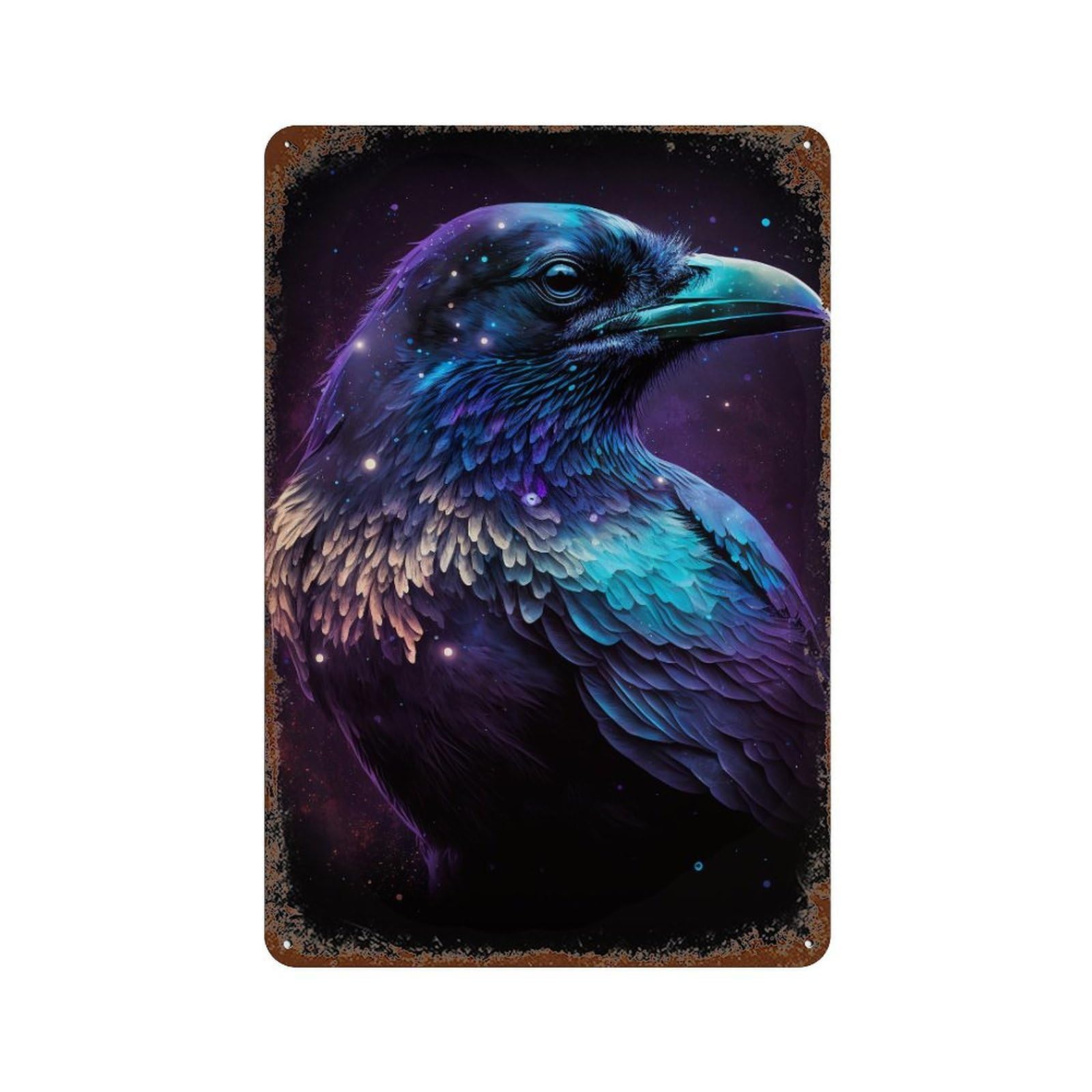 Rusty Metal Tin Sign with Cosmic Raven Art Print-4 Design 11.8"x7.9", for Shed, Workshop And Garage Wall Decor, Classic Wall Plaque