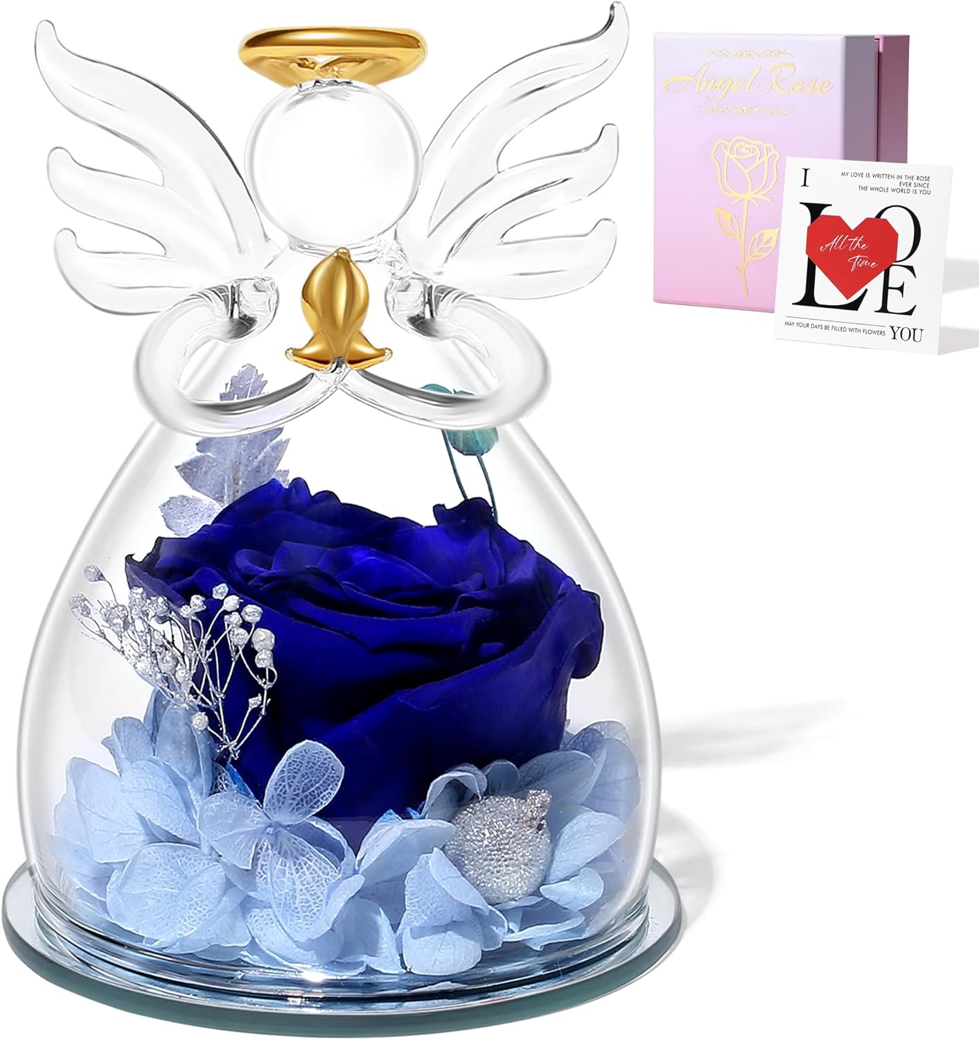 Blue Valentines Day Rose Gifts for Her, Preserved Rose in Glass Dome Angel Figurine Birthday Gift for Women, Valentines Angel Mothers Day Rose Gift for Mom Grandma